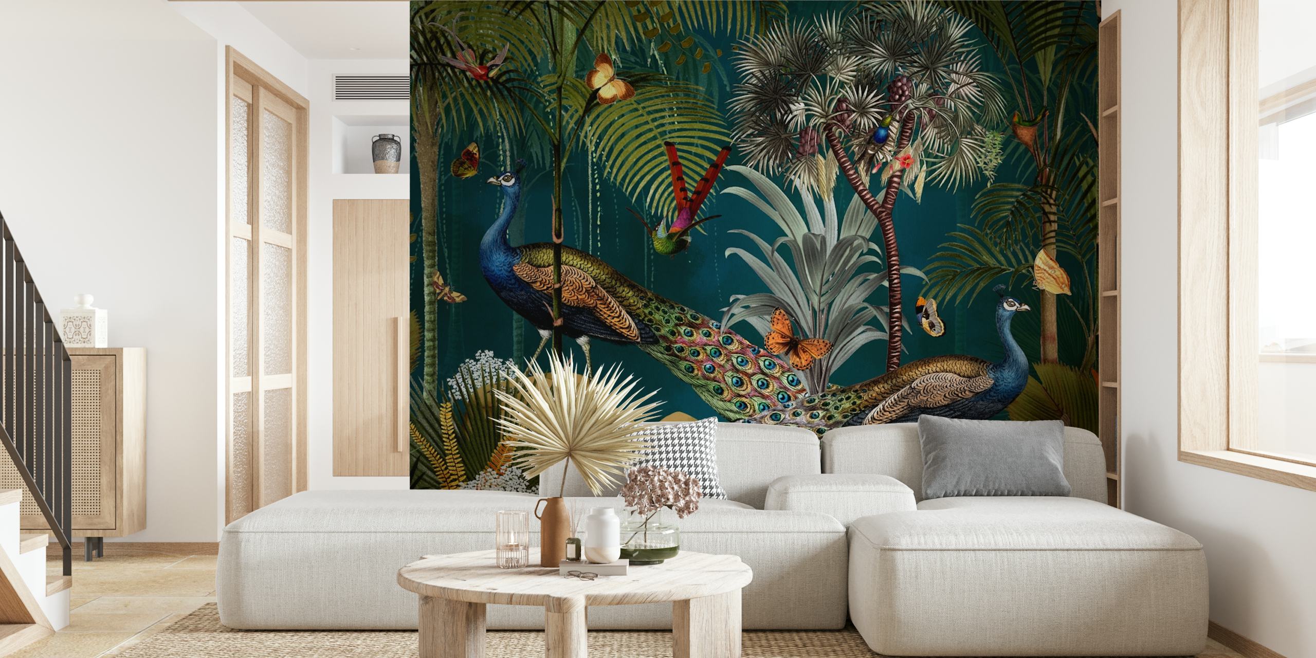 Tropical jungle wallpaper with peacocks and butterflies