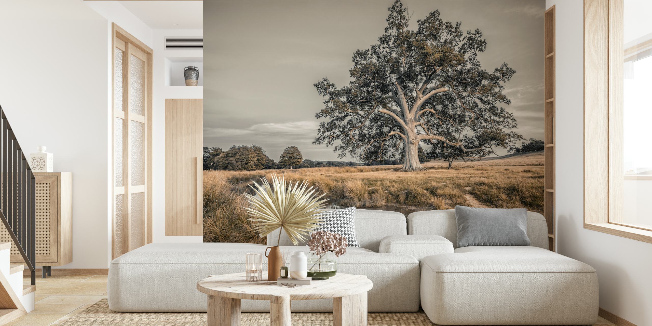 Lone tree in a field with a reflective pond, black and white wallpaper