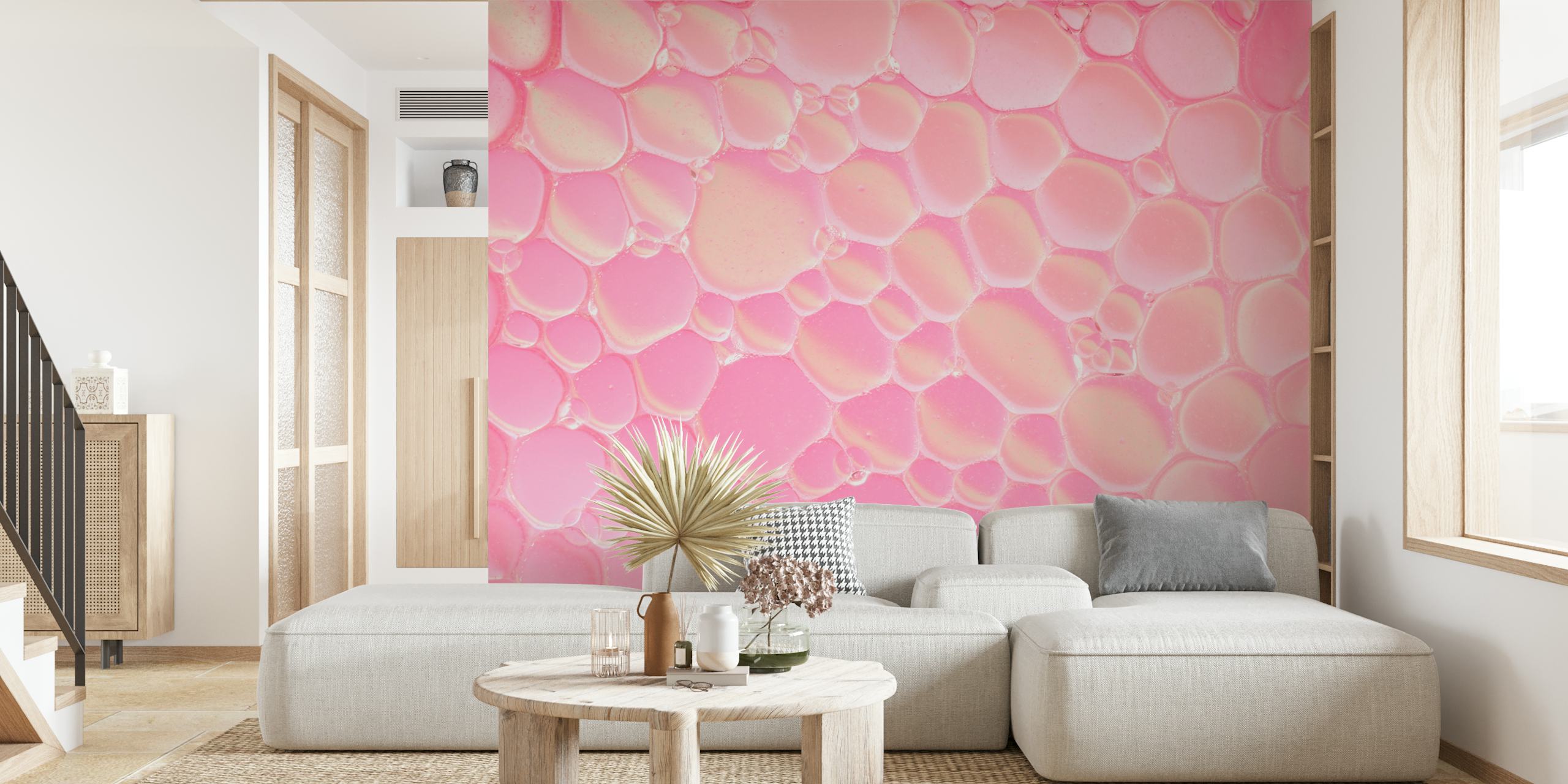 Glossy pink bubble pattern wallpaper with spherical shapes