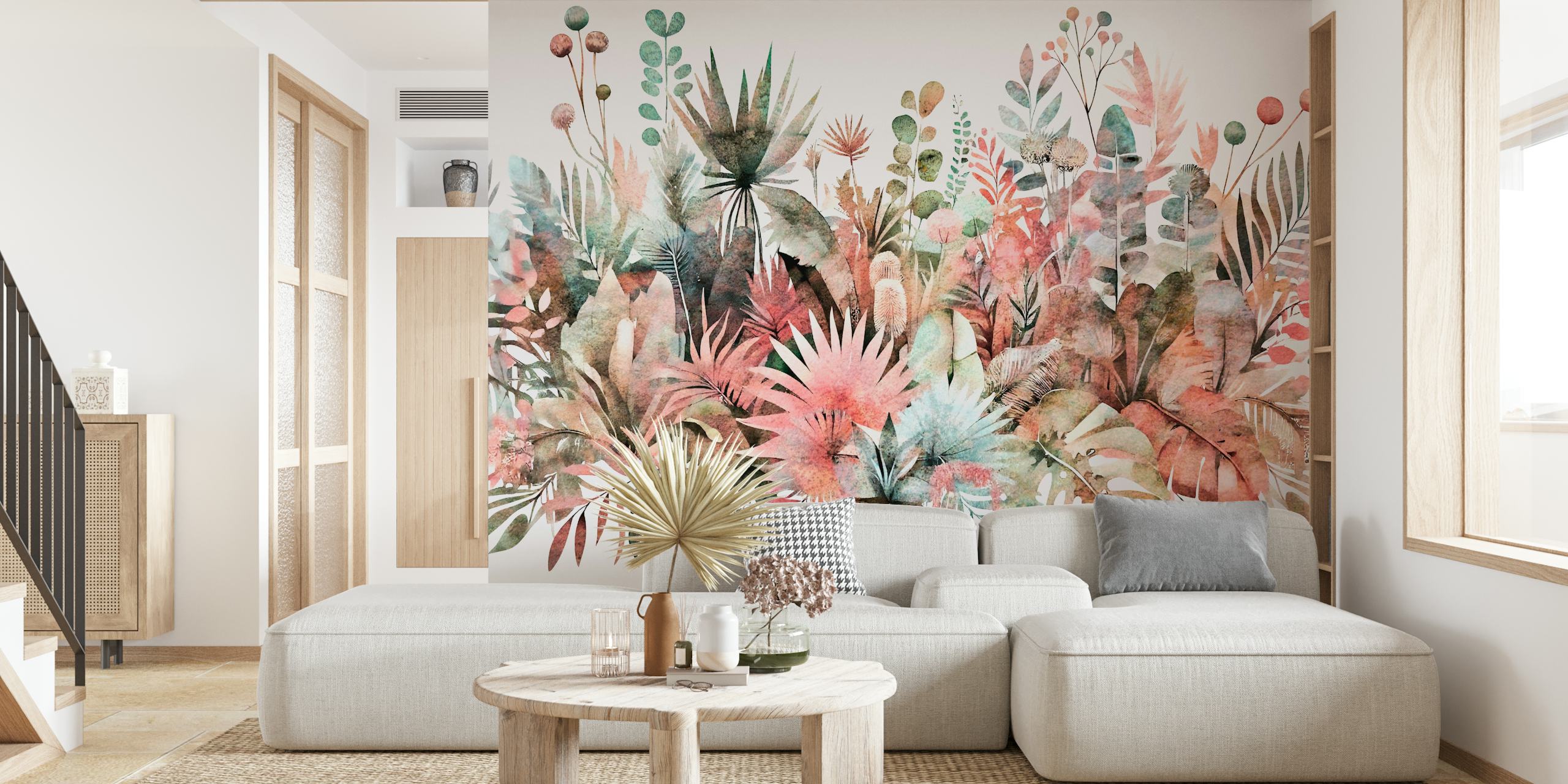 Lush tropical foliage in soft pastel colors wallpaper