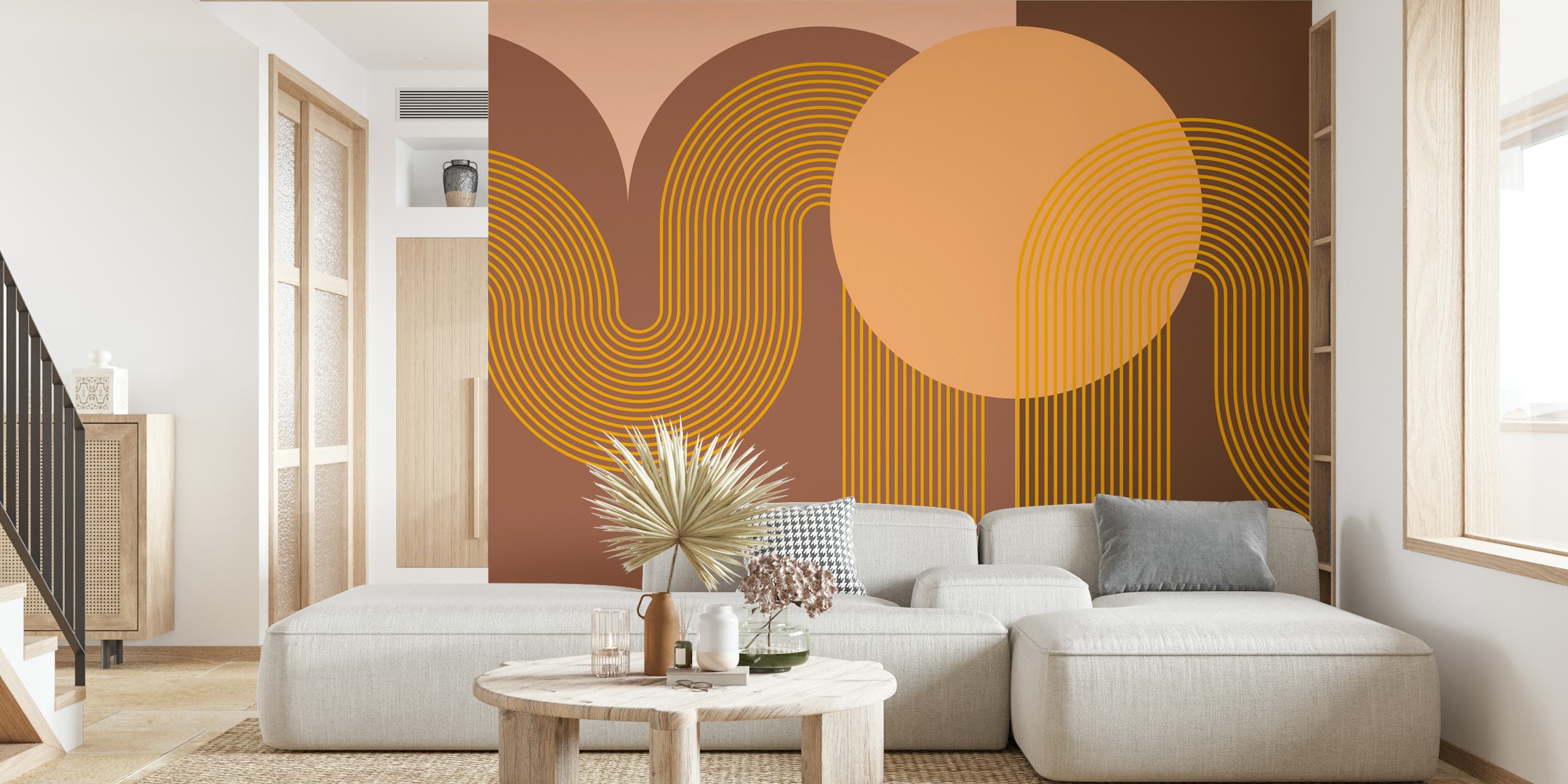 Curvy brown and orange lines with arch patterns wallpaper