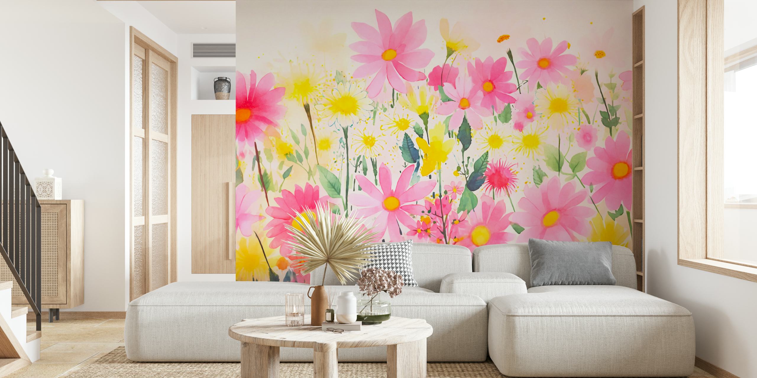Vibrant pink and yellow flowers with green leaves in a whimsical floral pattern wallpaper