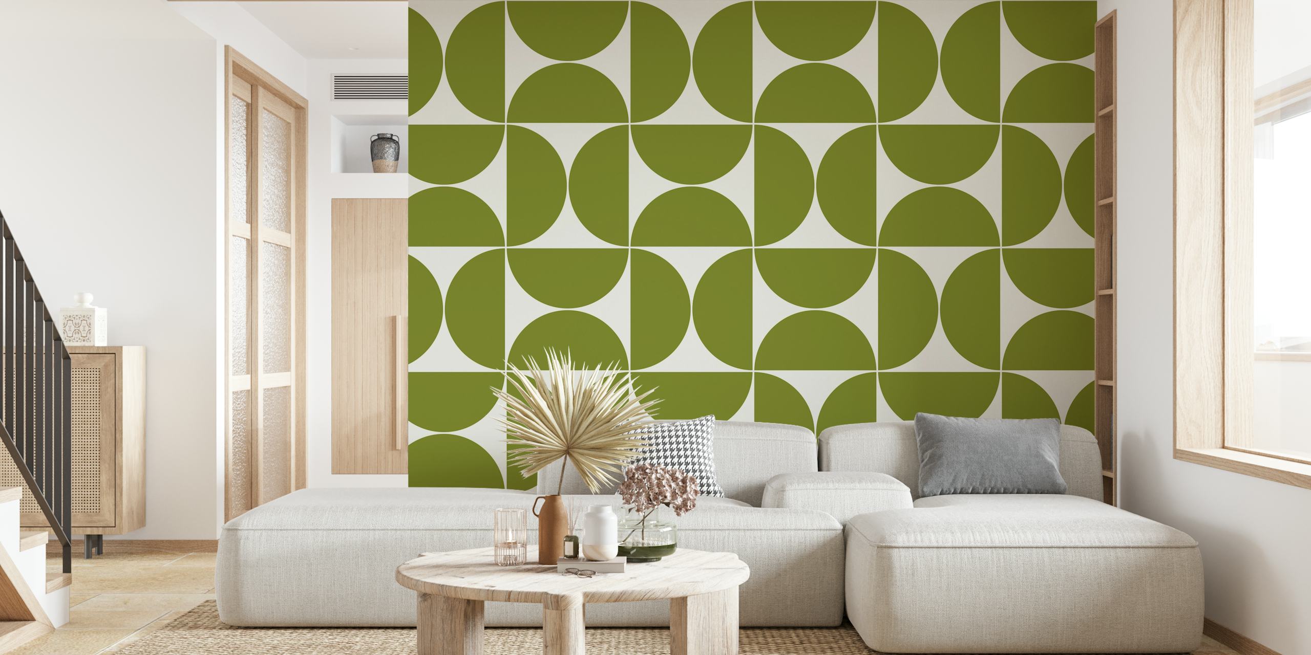 Geometric green and white pattern mid-century modern wallpaper