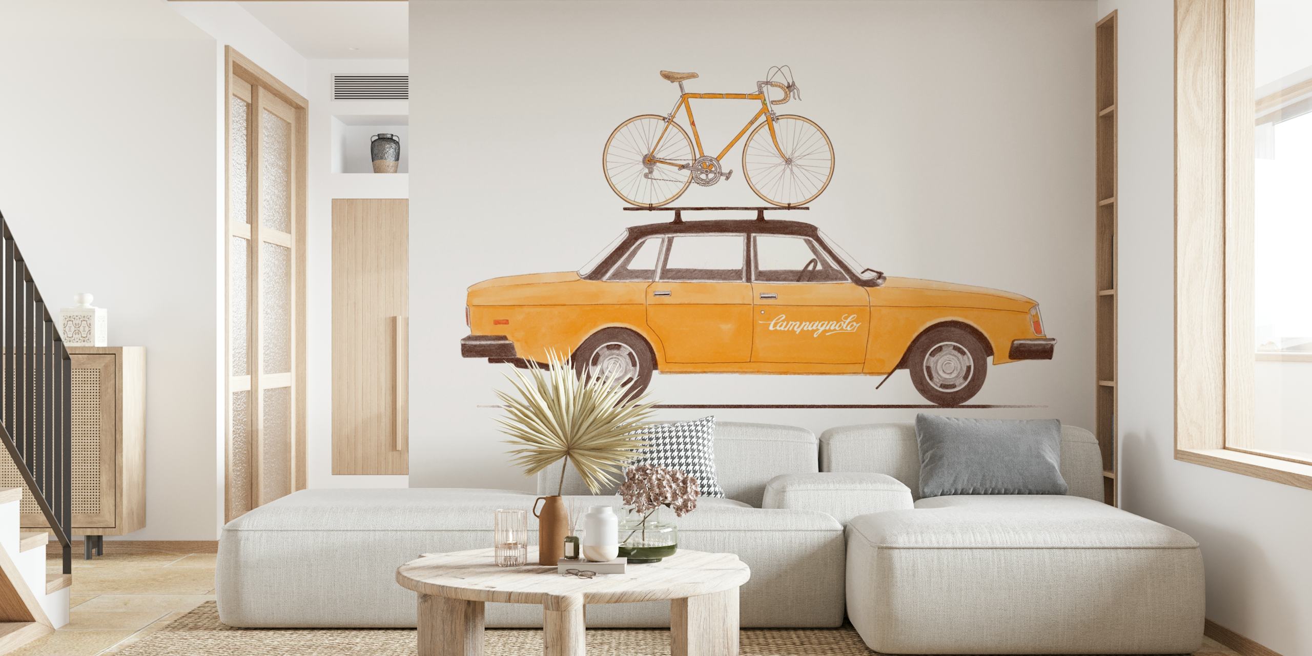 Vintage car with bike on roof wallpaper