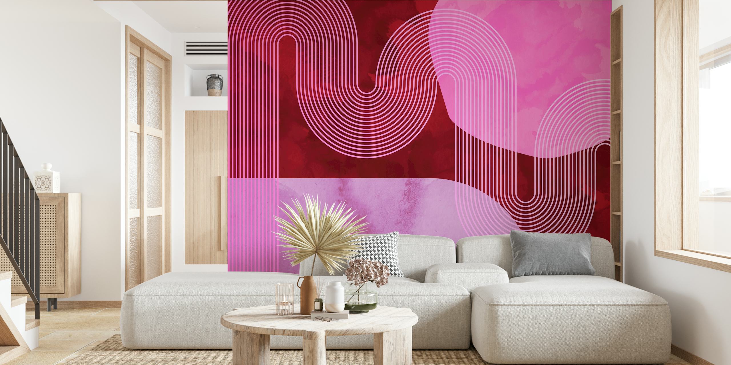 Ruby Pink Mid Century Modern Curvy Lines tapet i rummet