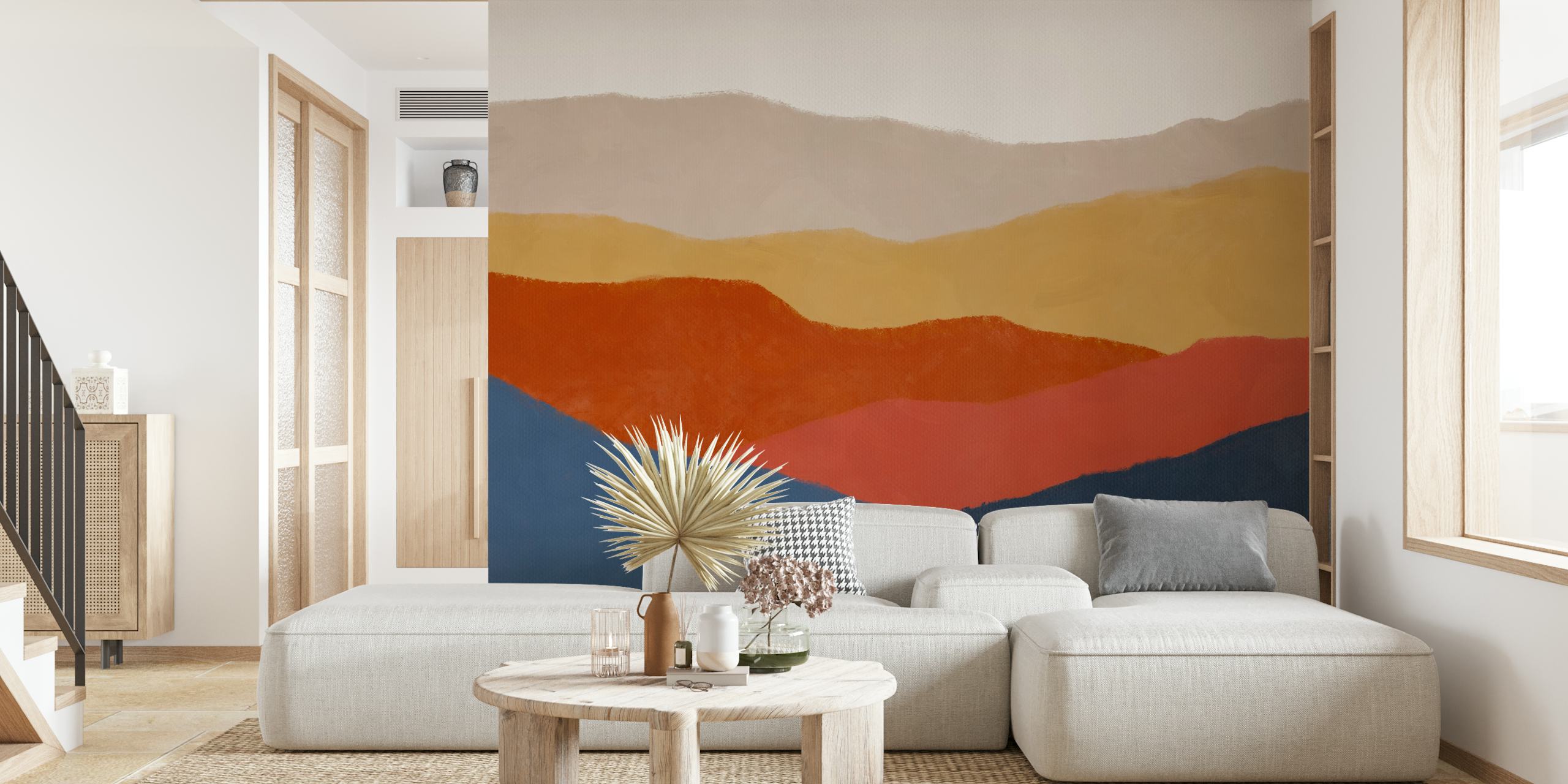 Vintage minimal mountain wallpaper in earth tones, featuring warm hues of red, brown, and blue.