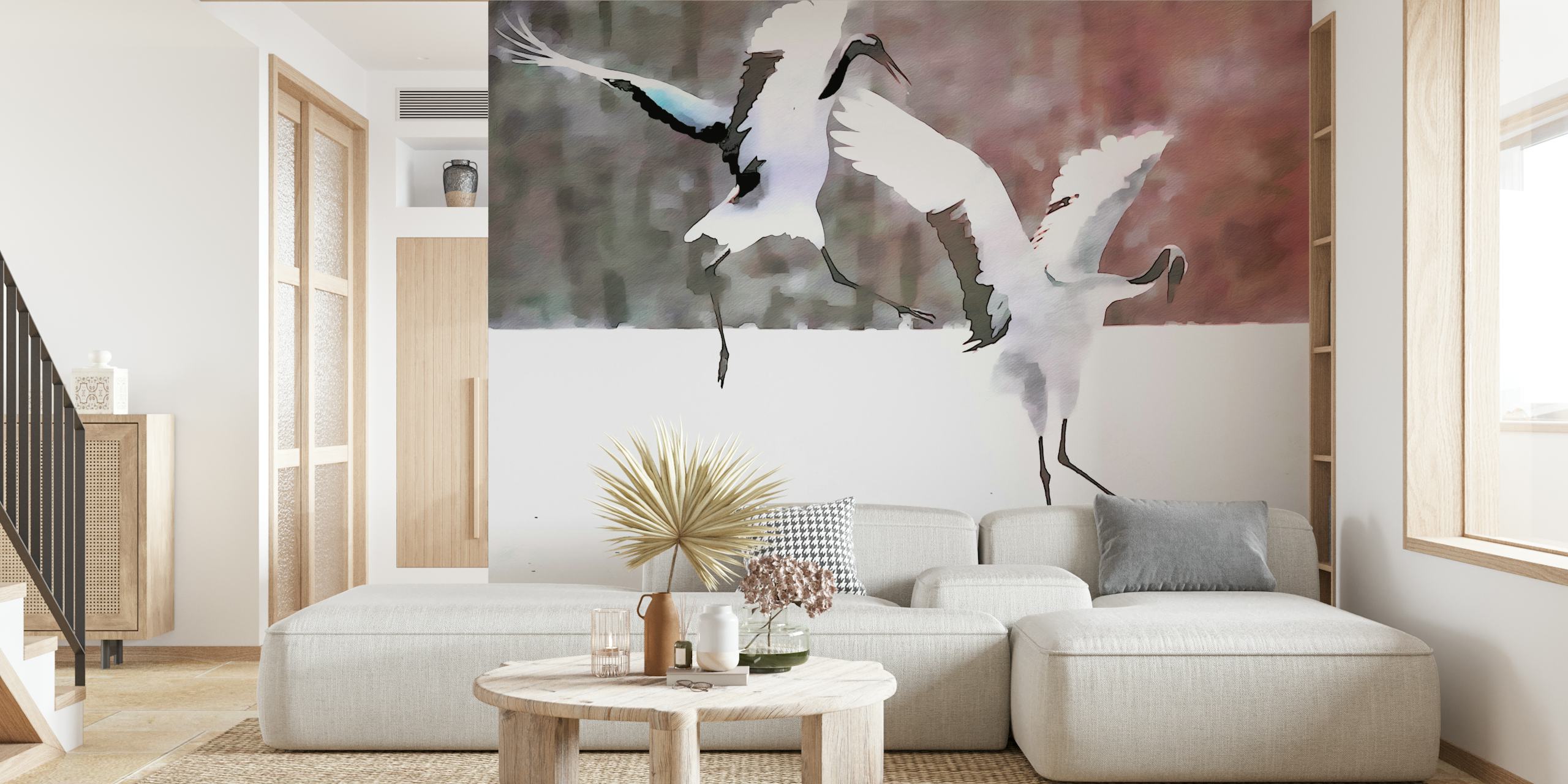Two white cranes in watercolor style, soft pastel colors, nature themed wallpaper