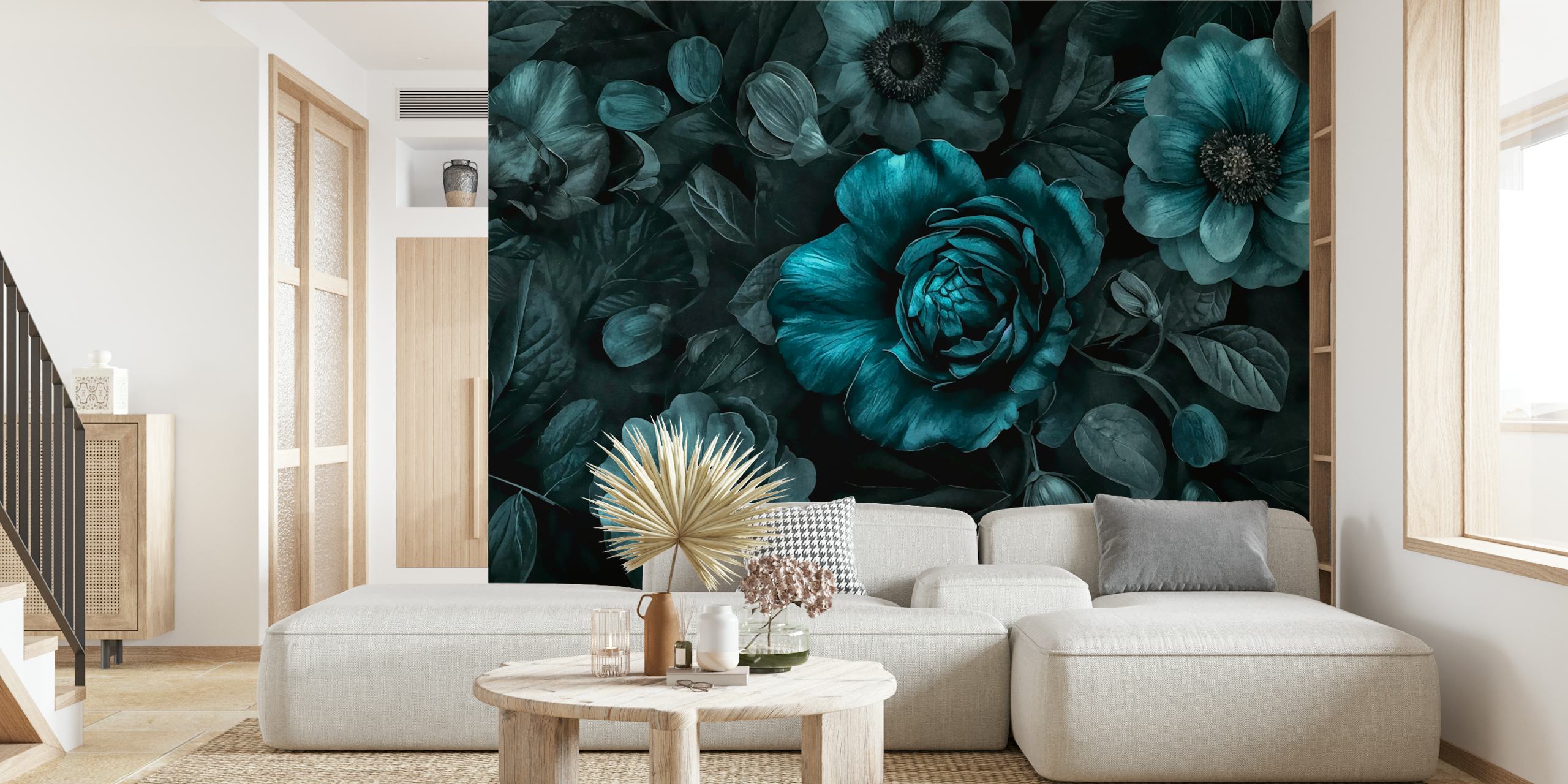 Dark floral wallpaper with teal flowers
