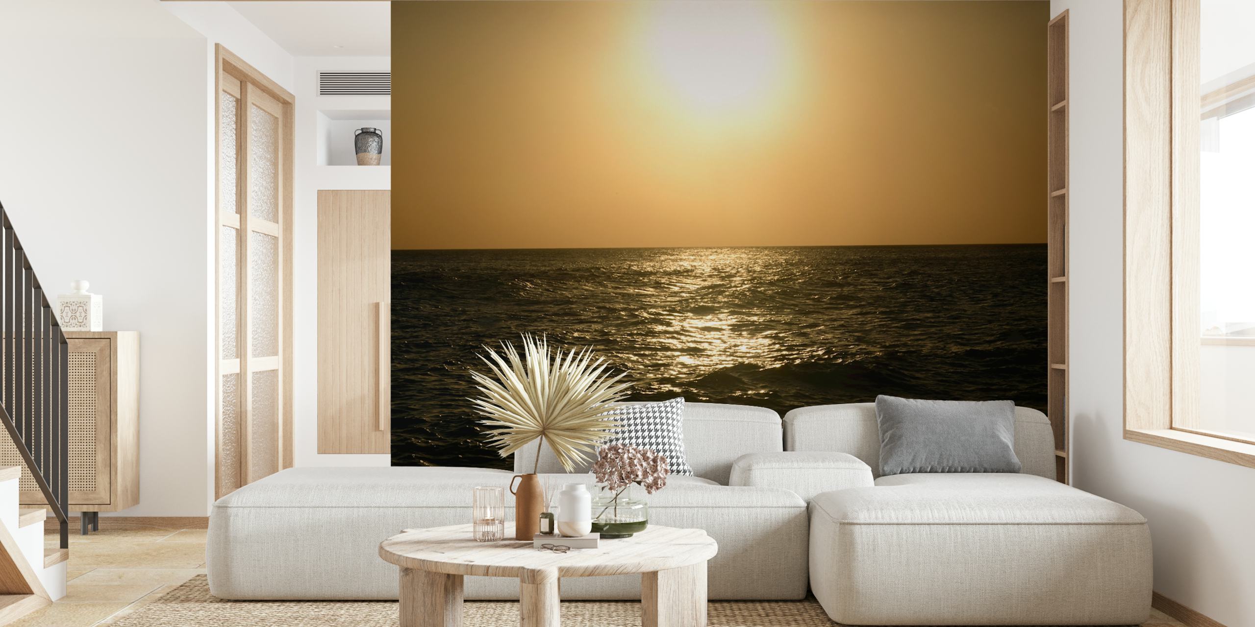 Golden Caribbean sunset over calm sea wall mural