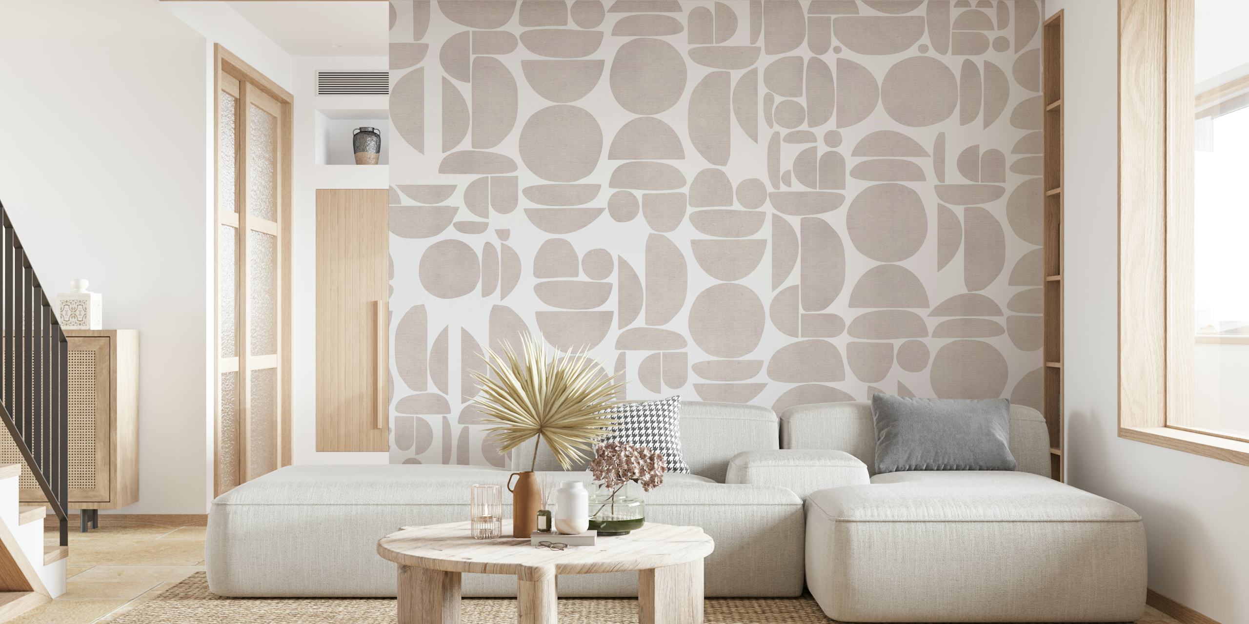 Bauhaus inspired tan geometric shapes on a fabric texture background wall mural