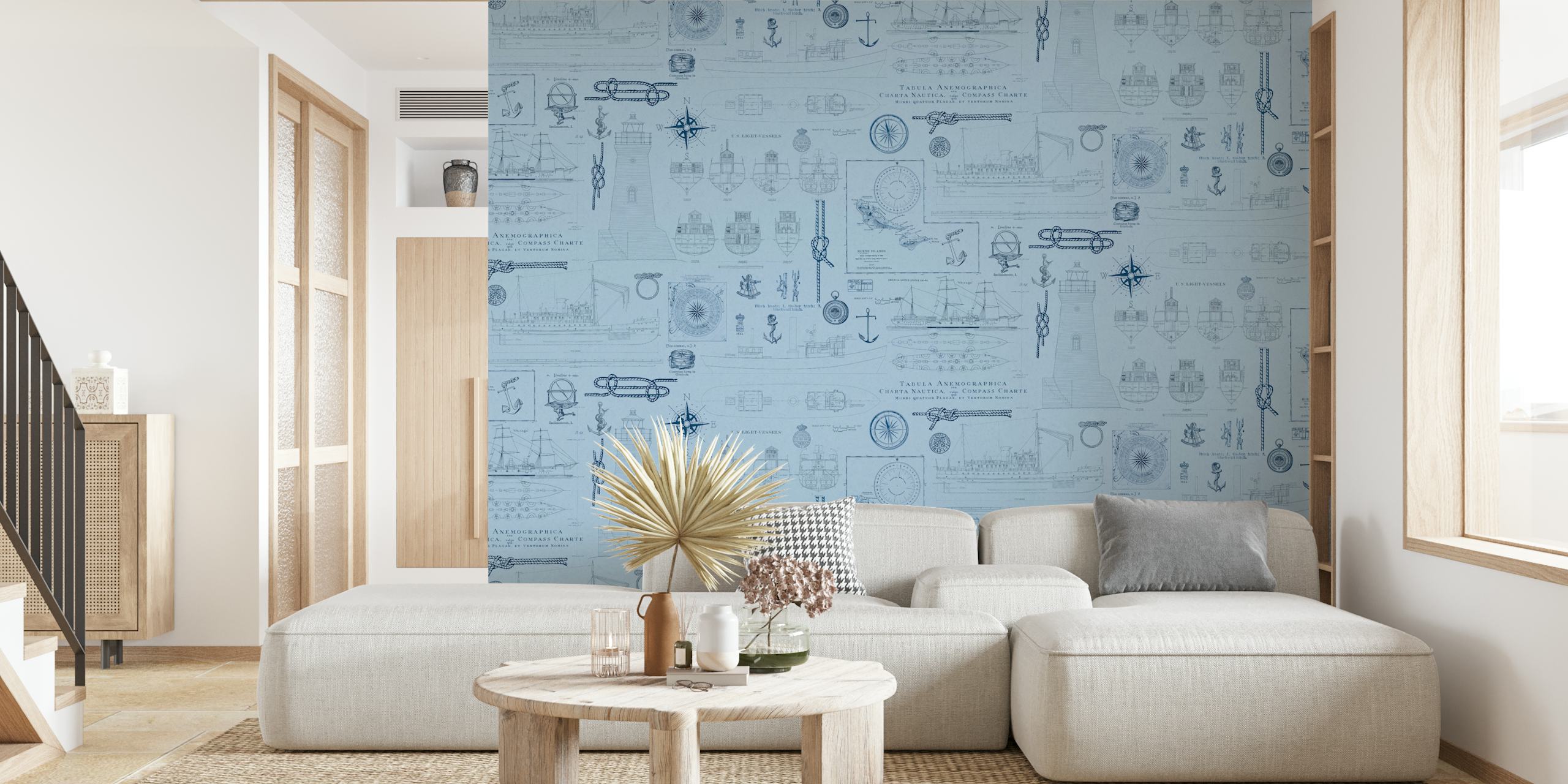 Vintage nautical-themed wall mural with ships and compass designs