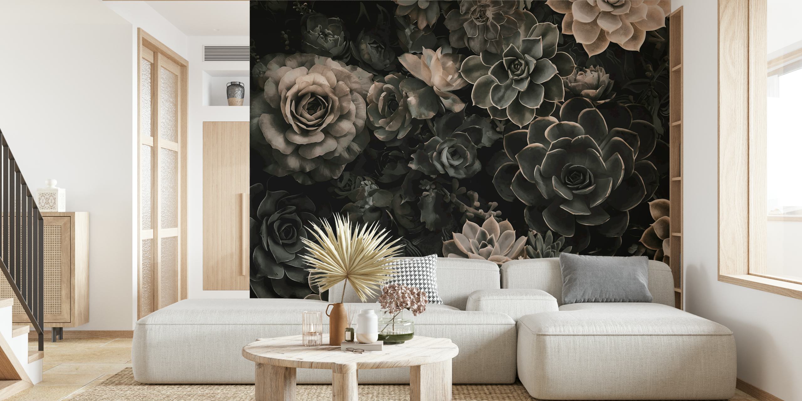 Moody floral and succulent wall mural in grey tones