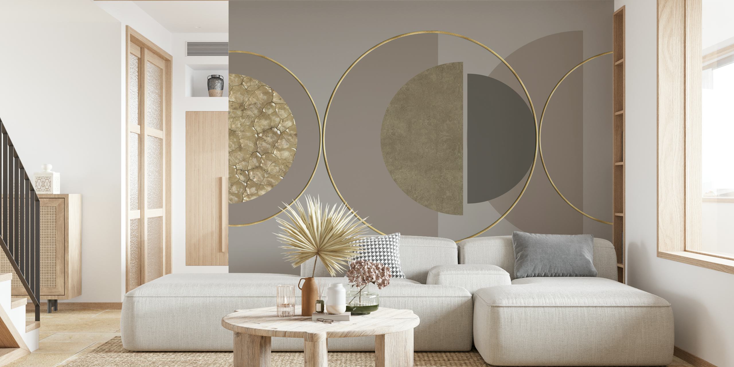 Mid century modern geometric wallpaper in earthy tones, including brown, gray, and gold accents.