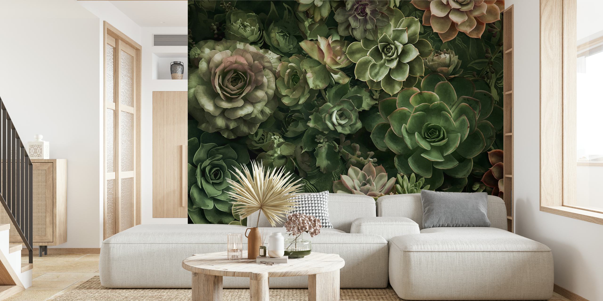 Green succulent flowers with hints of pink and purple wallpaper