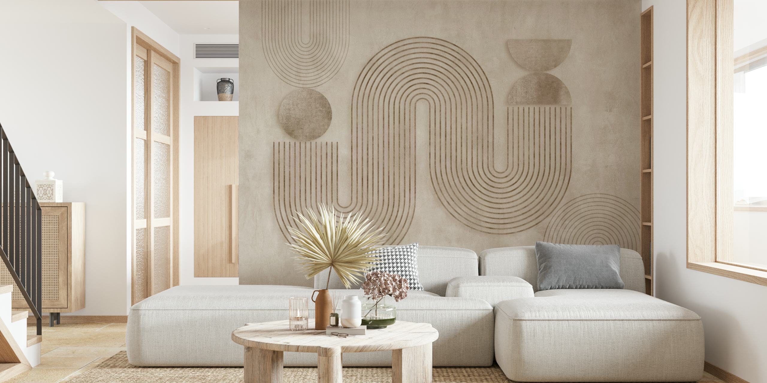 Dynamic Balance Modern Art Beige wallpaper in a room