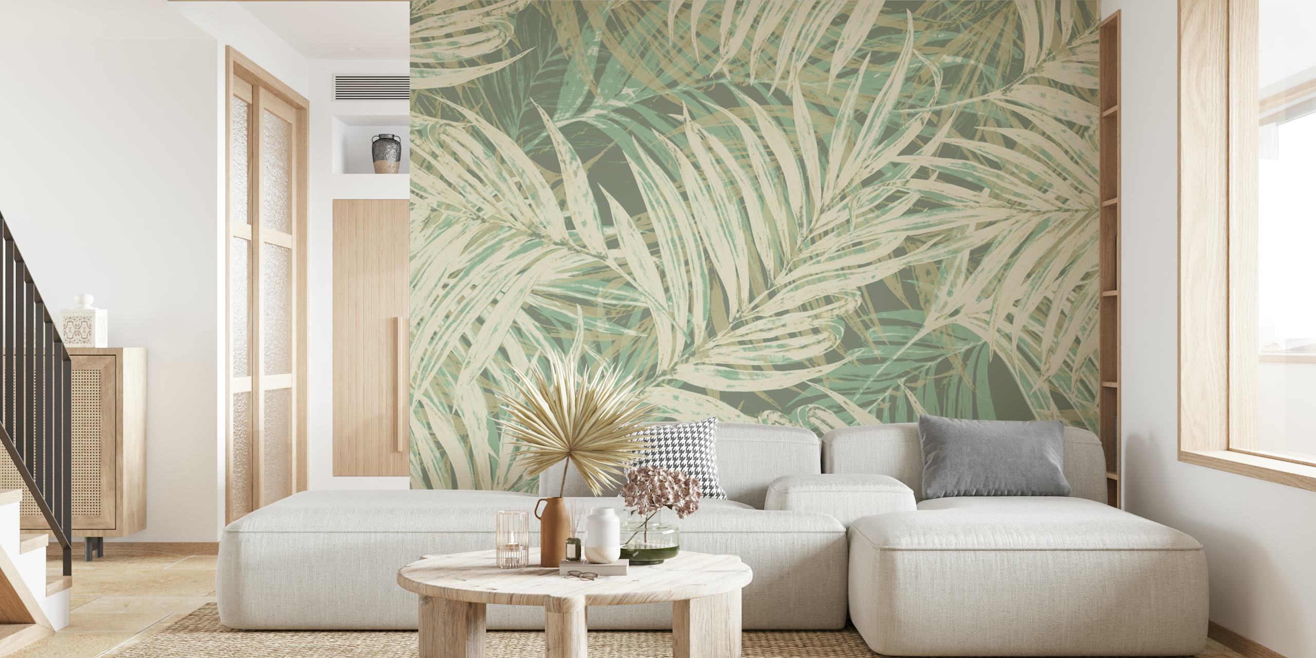 Tropical palm leaves in neutral green and beige wallpaper