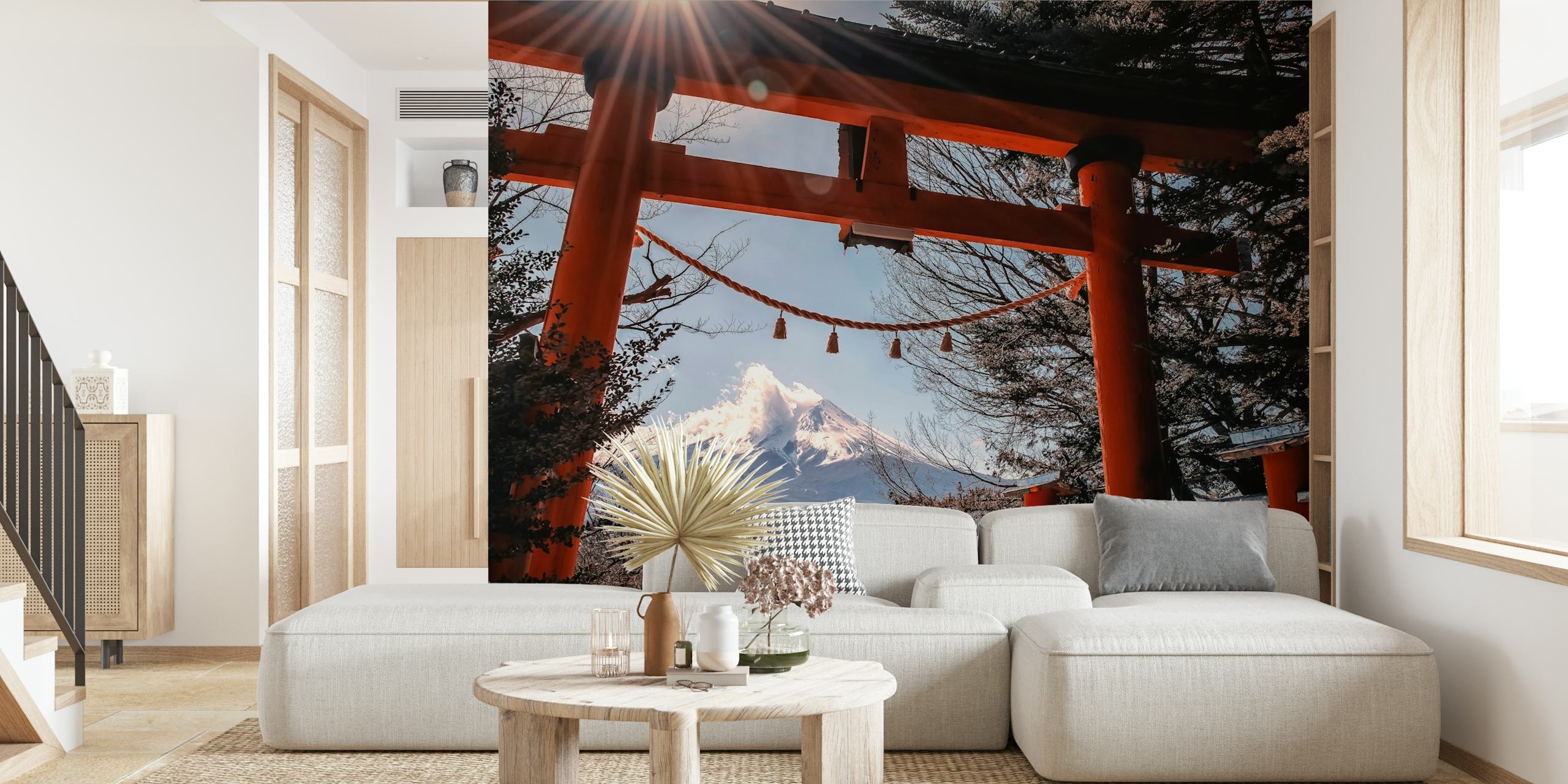 Mural de parede Chureito Pagoda com o Monte Fuji ao fundo emoldurado por um portão torii e árvores nevadas