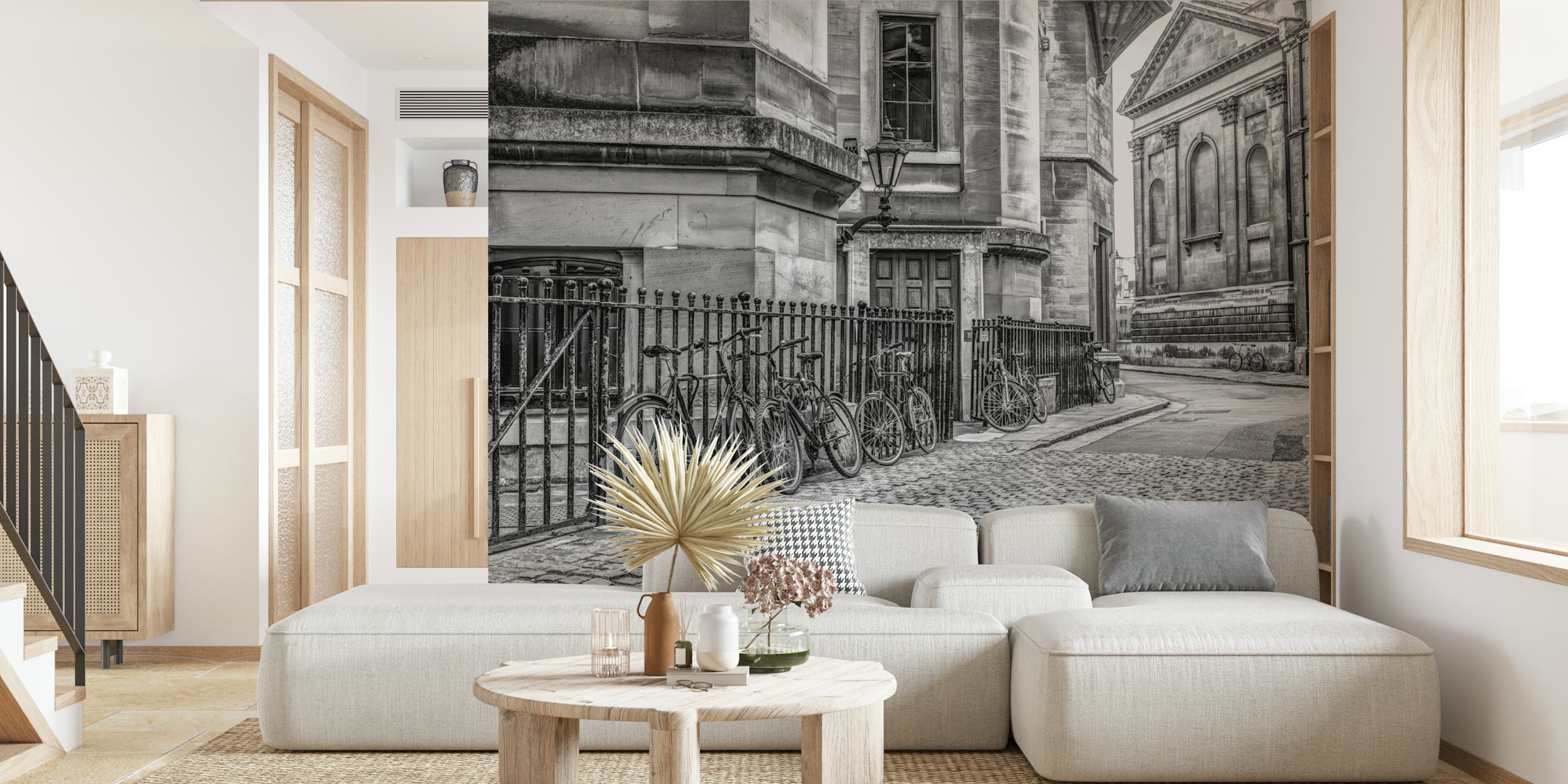 Vintage bicycles against a backdrop of urban architecture in black and white wallpaper