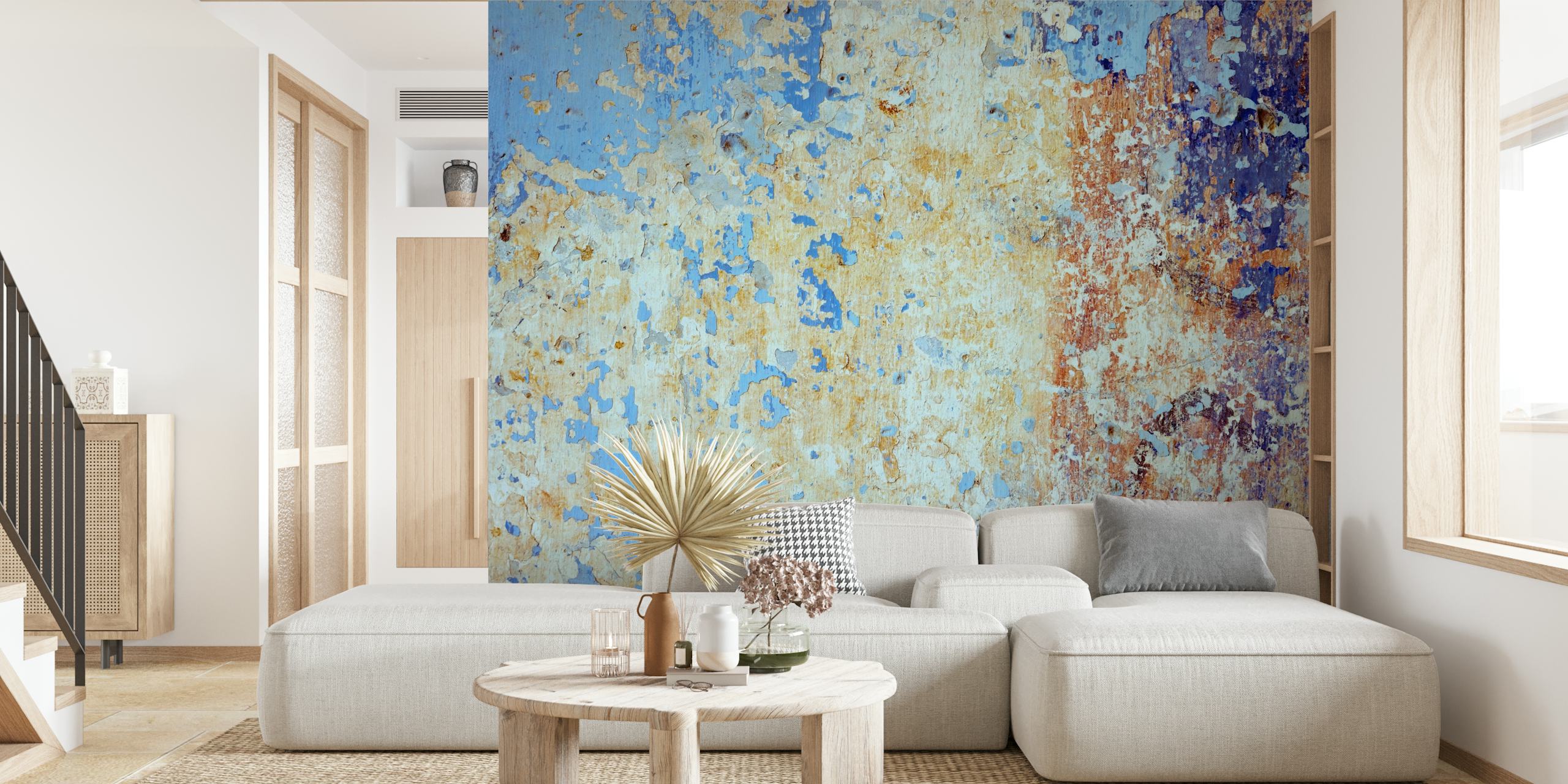 Textured weathered blue and beige distressed wallpaper