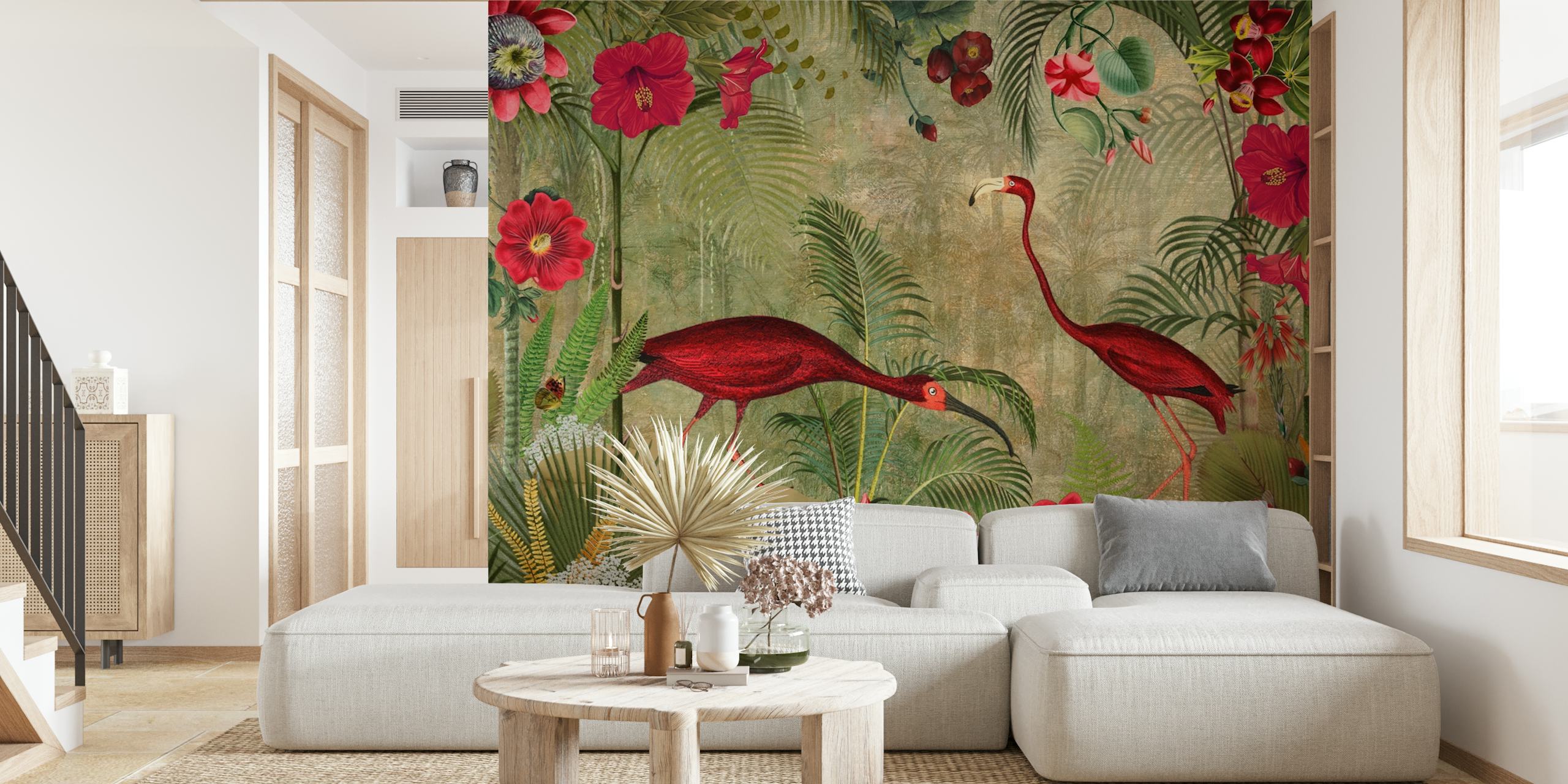 Papier peint Red Flamingo Vintage Rainforest Garden