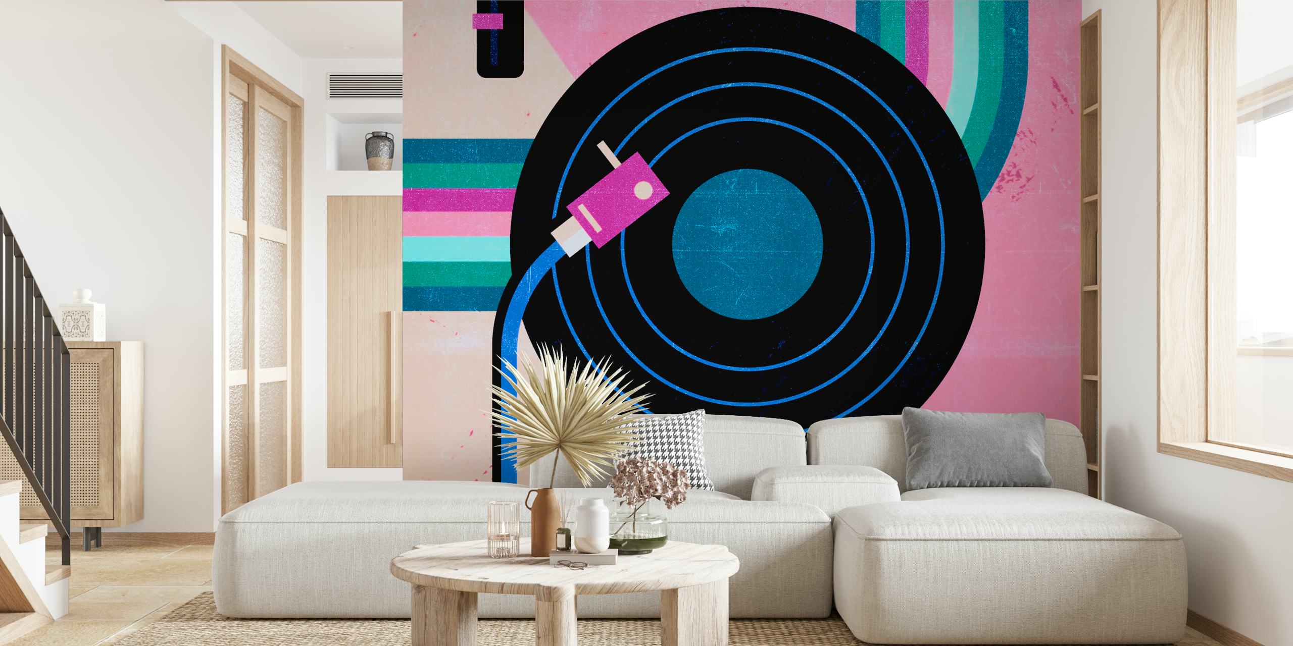 Retro vinyl record and turntable in pop art style wall mural