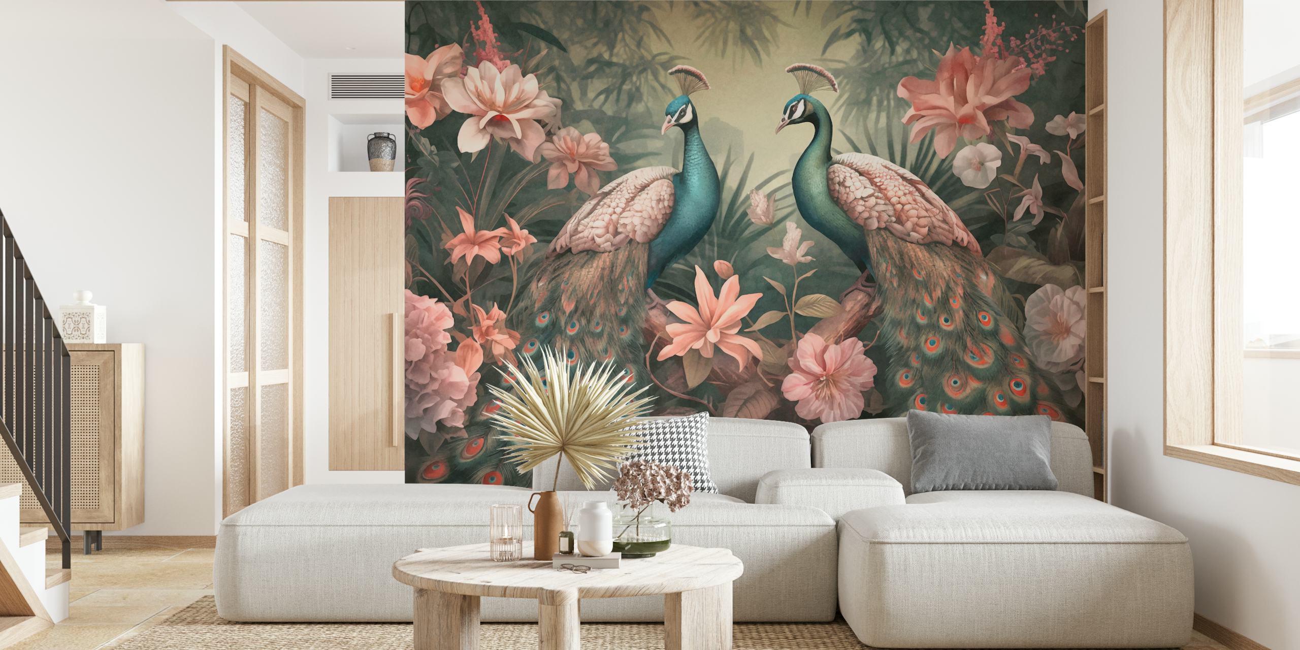 Two peacocks amidst a pink floral jungle on a wall mural