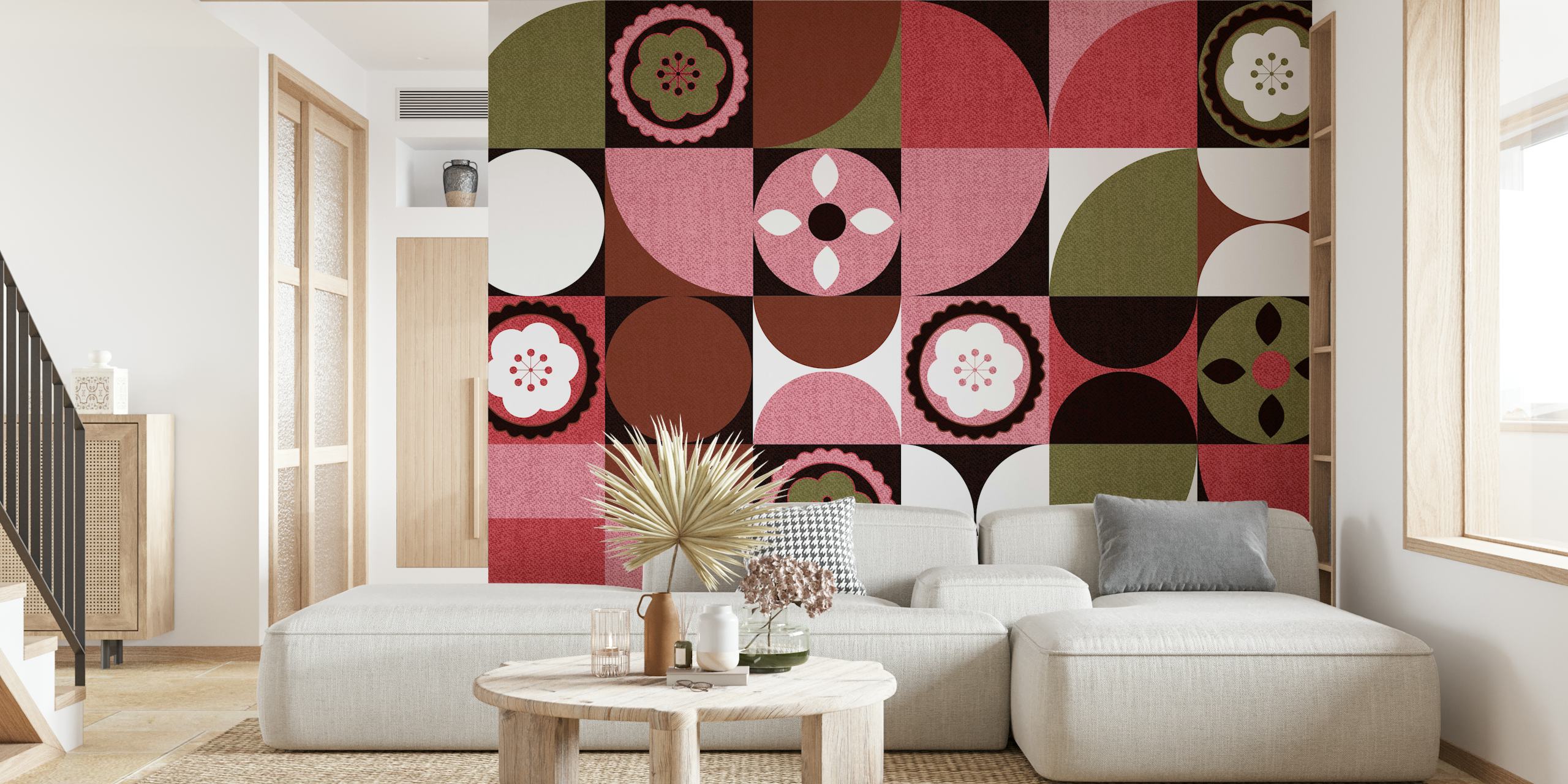 Peinture murale géométrique abstraite Scandi Floral Bauhaus avec un mélange de motifs floraux et de formes géométriques dans des tons de terre
