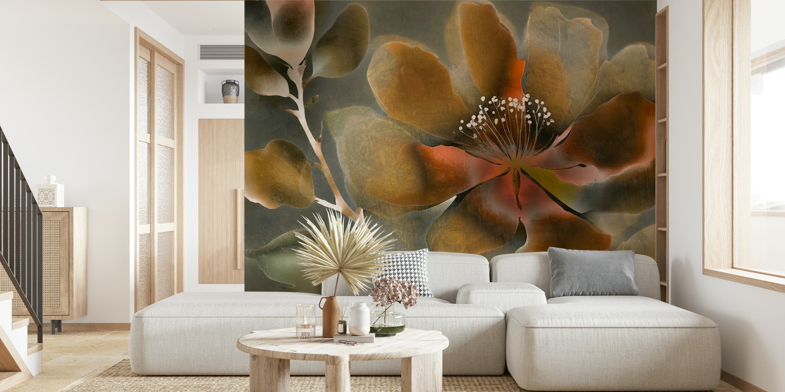 Fotomural arte floral cambiante de inspiración asiática con tonos neutros