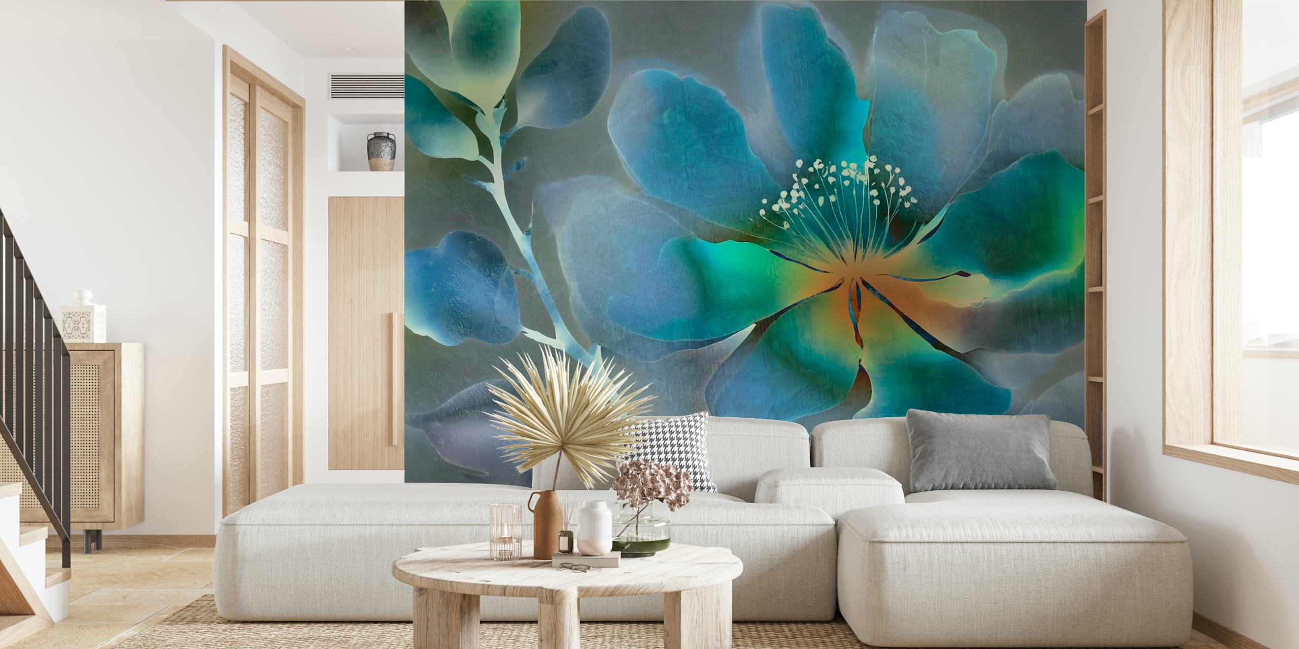 Op Azië geïnspireerde wabi-sabi bloemenmuurschildering met elegante bloemen met een rustige en natuurlijke uitstraling