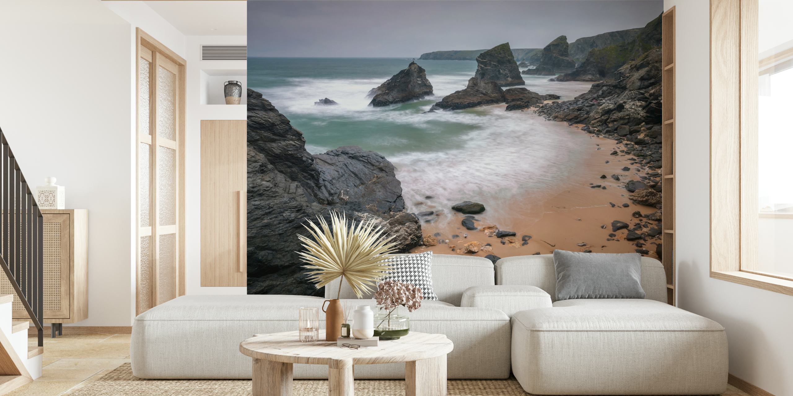 Bedruthan Steps Coastline wall mural showing towering sea stacks and foamy waves