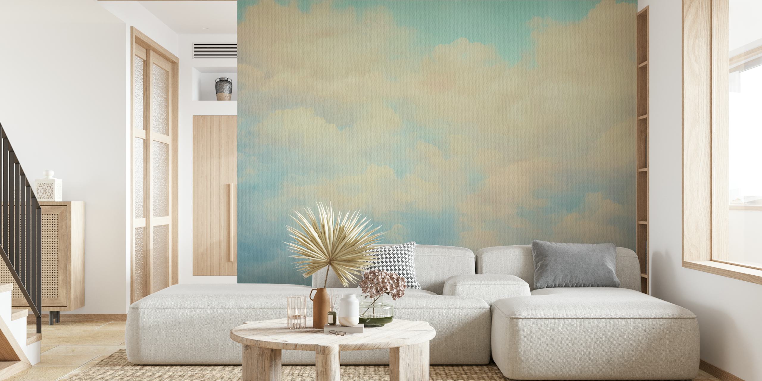 Pastel blue cotton candy clouds wallpaper in a room