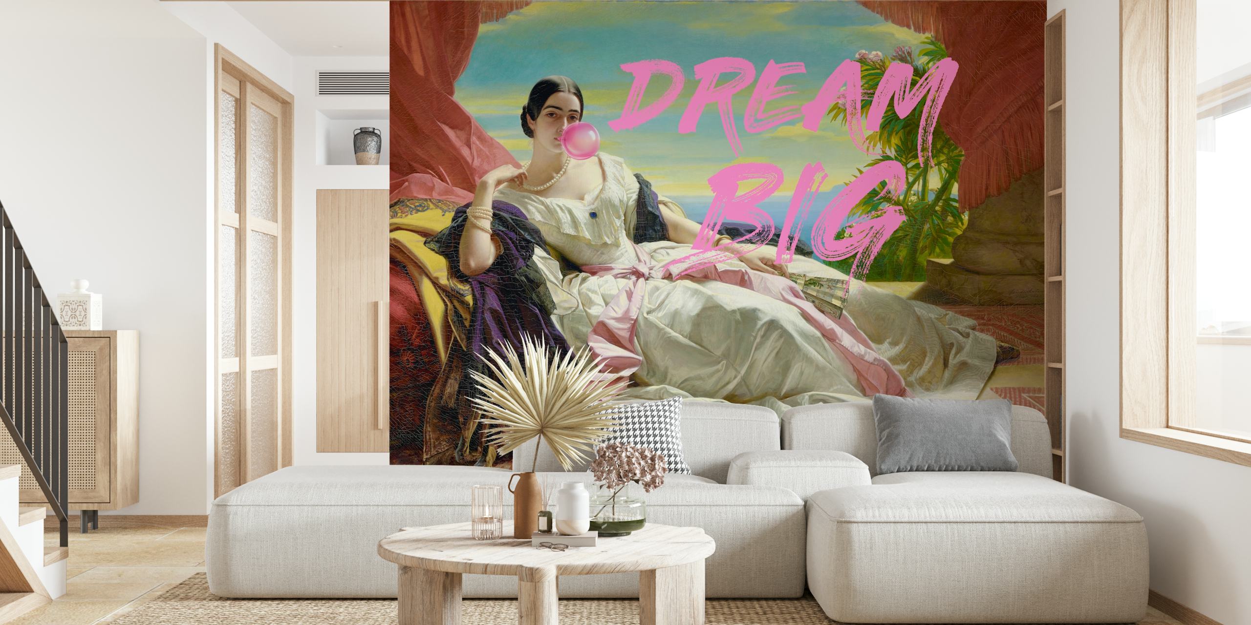 Vintage wallpaper featuring a woman blowing gum, pink accents, classical style
