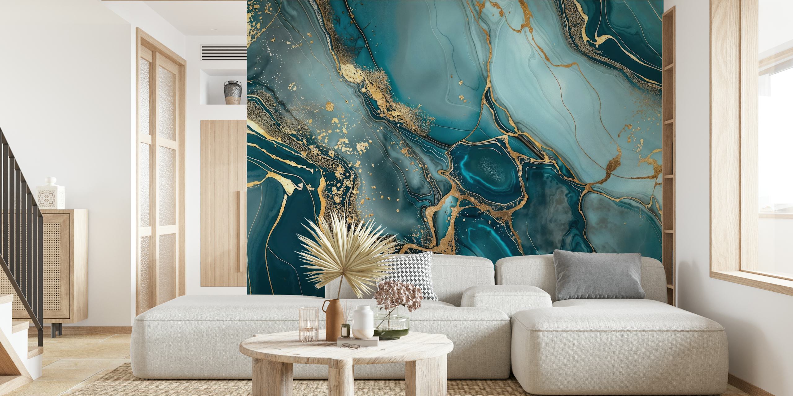 Teal and gold marble effect wallpaper with fluid patterns