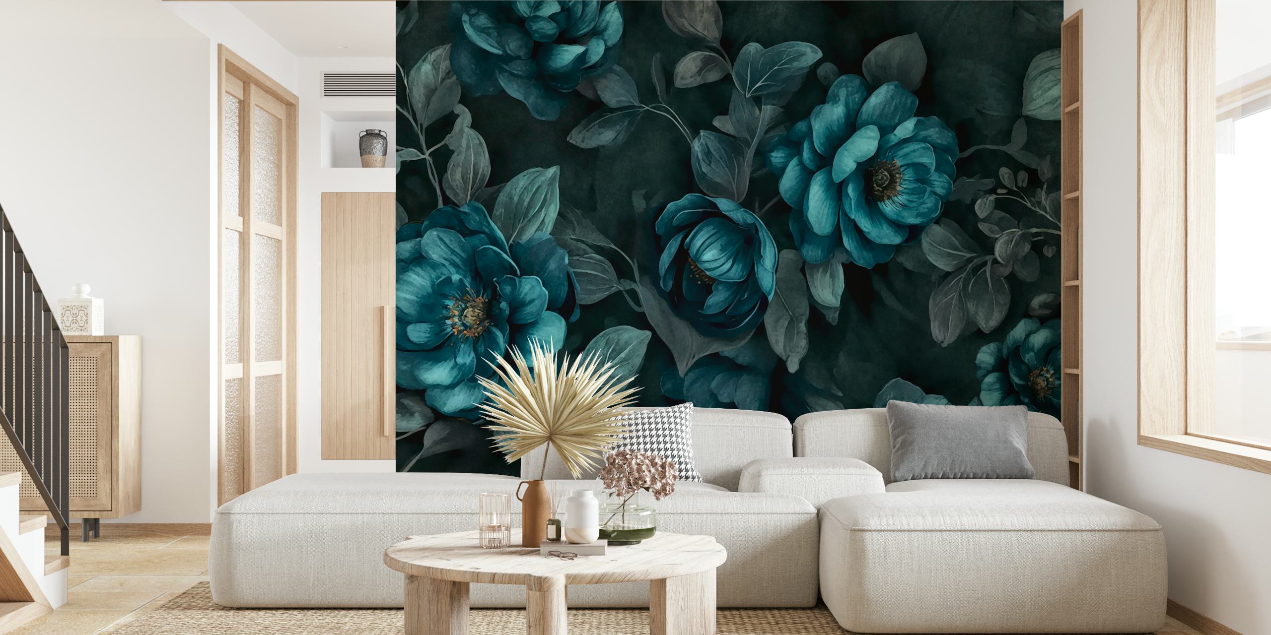 Teal flower wallpaper in elegant room setting