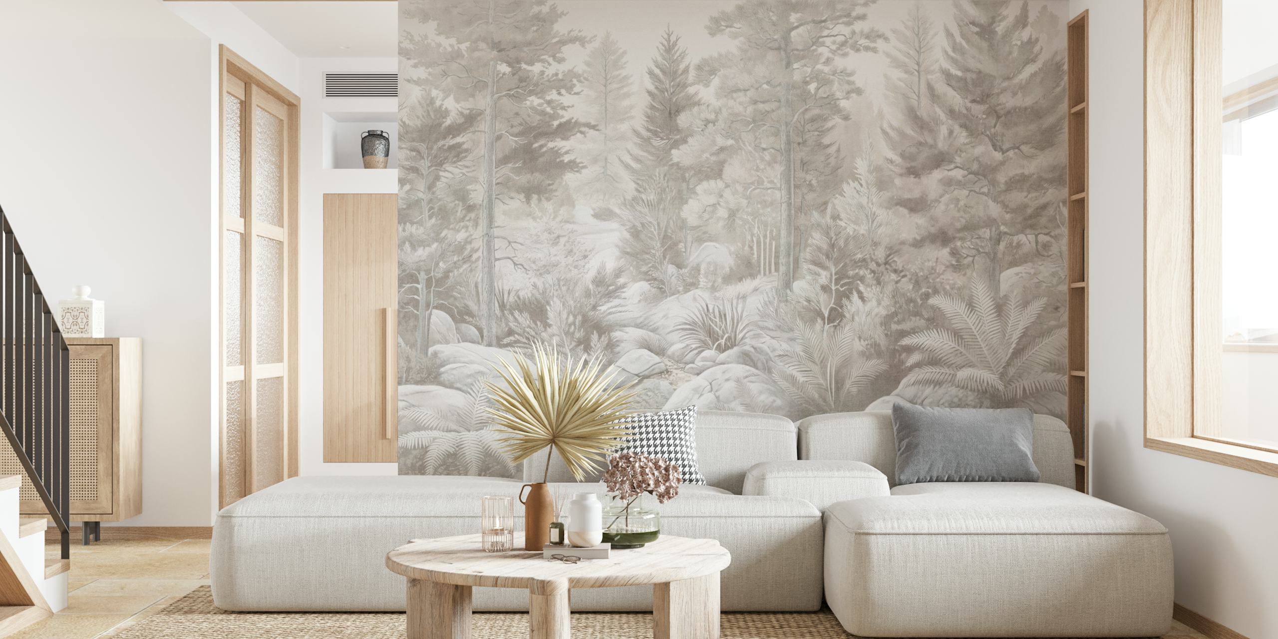 Pastel pine forest wallpaper in a room