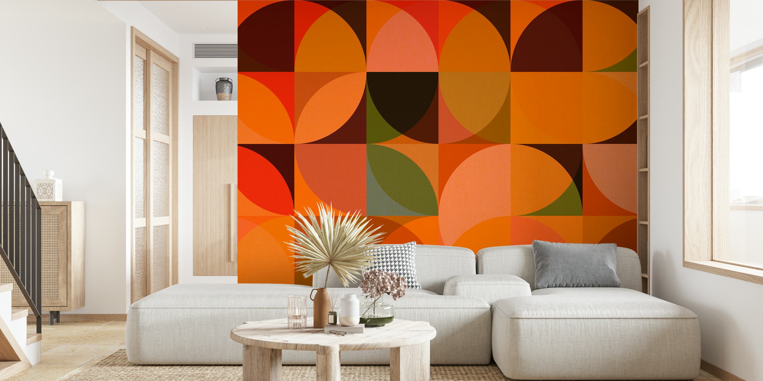 Geometric shapes in orange, brown, and green tones wallpaper