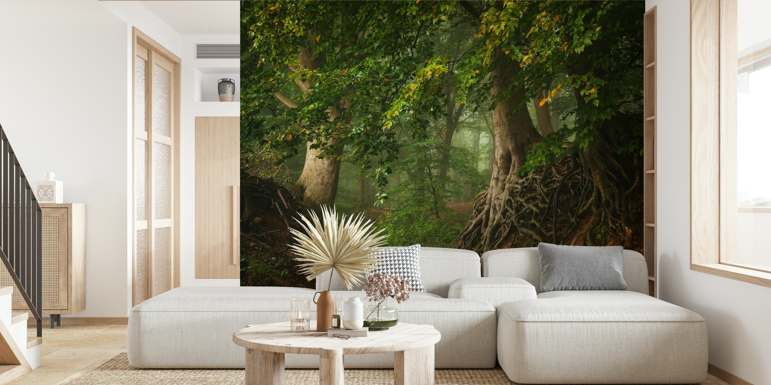 Forest scene with rooted trees and green foliage wallpaper