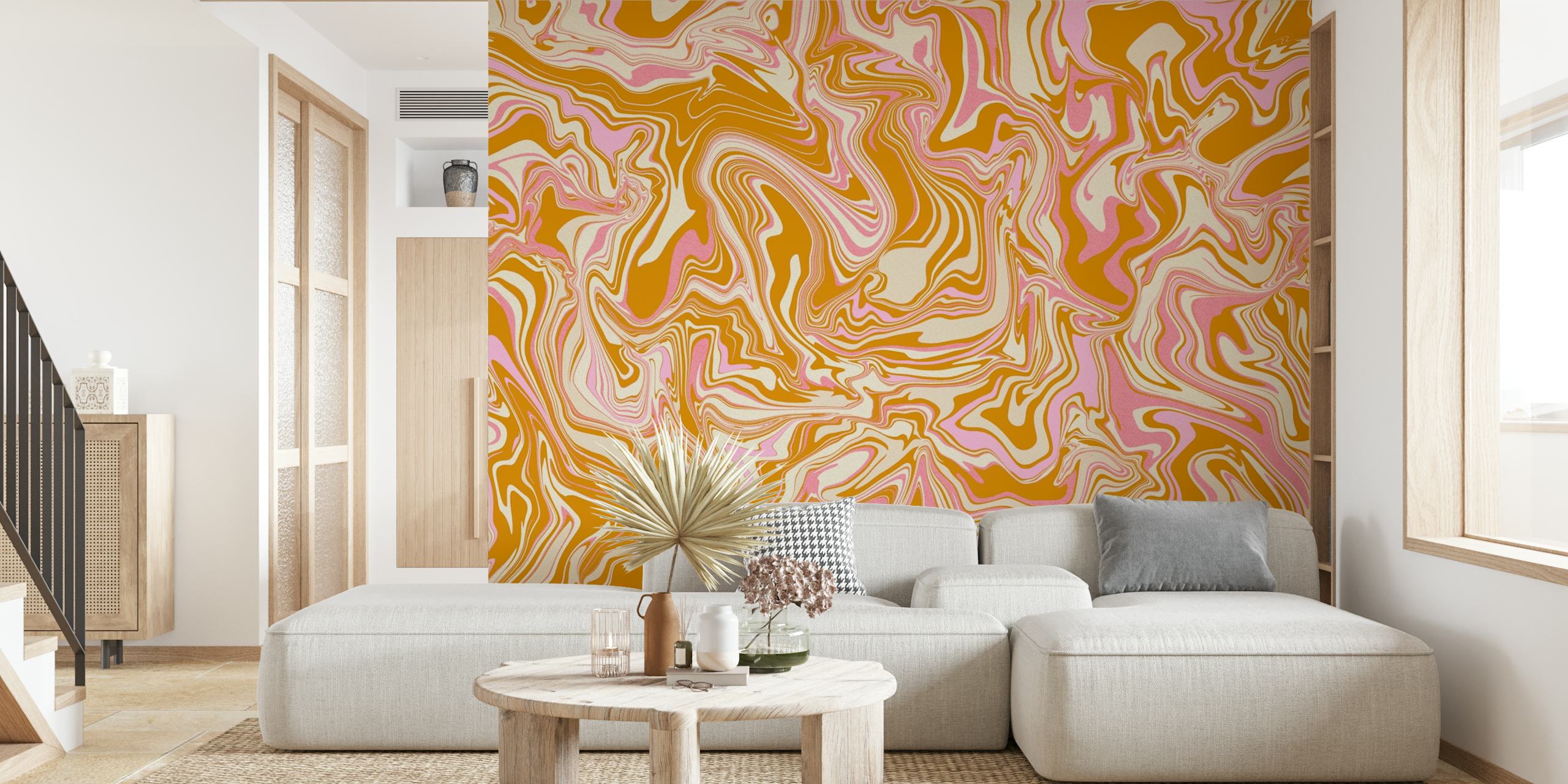 Groovy Marble Retro Pink Ochre wall mural with warm ochre and soft pink swirls.