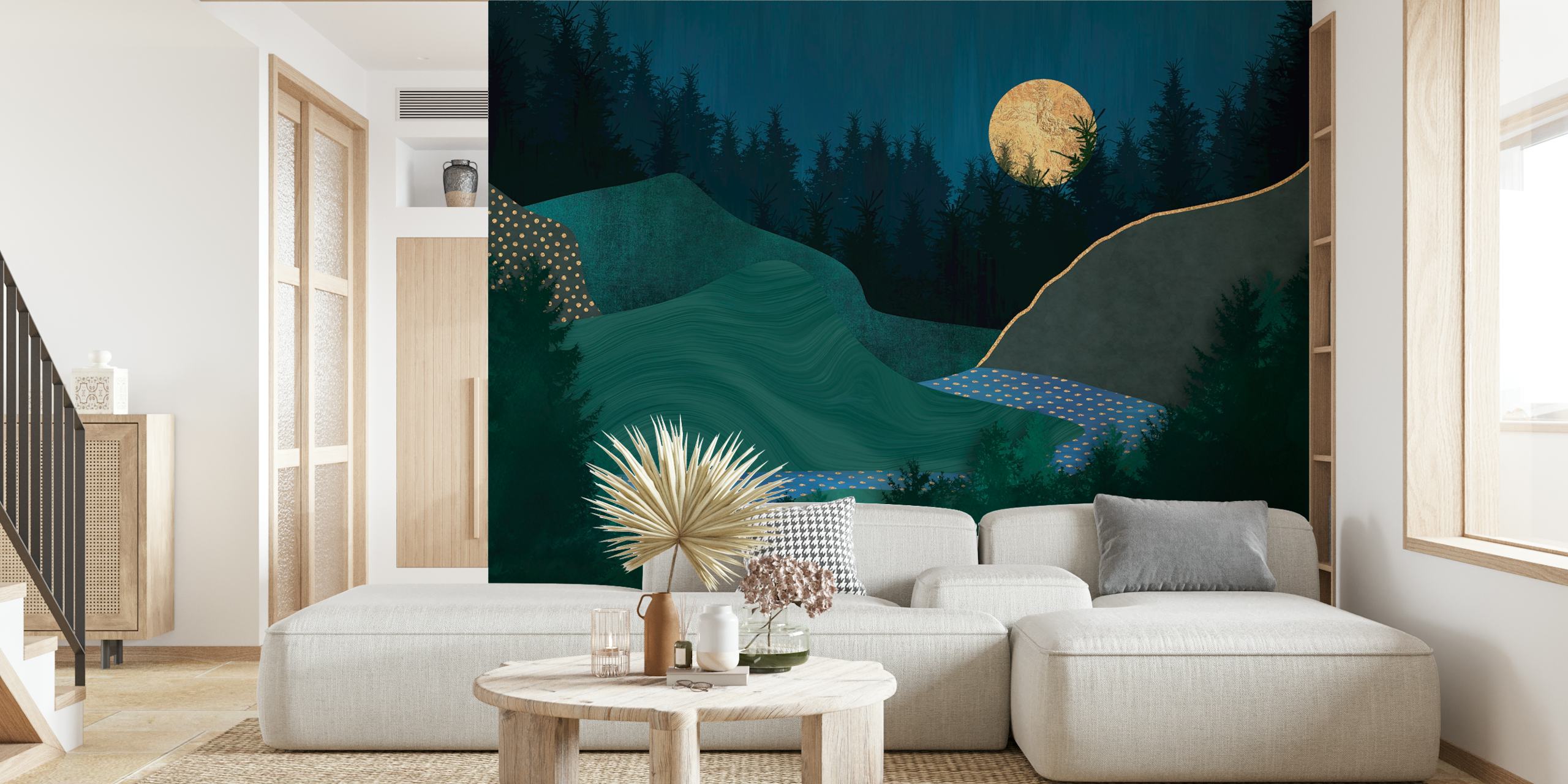 Midnight forest landscape with a full moon; blue and green wallpaper