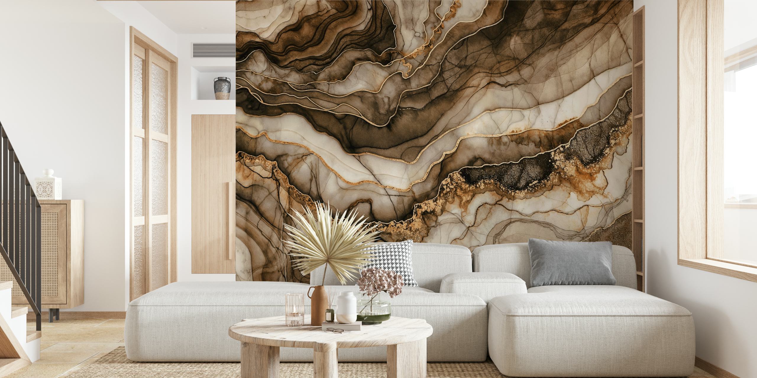 Magnifico murale in marmo De Luxe Brown con ricchi motivi vorticosi di marrone e beige