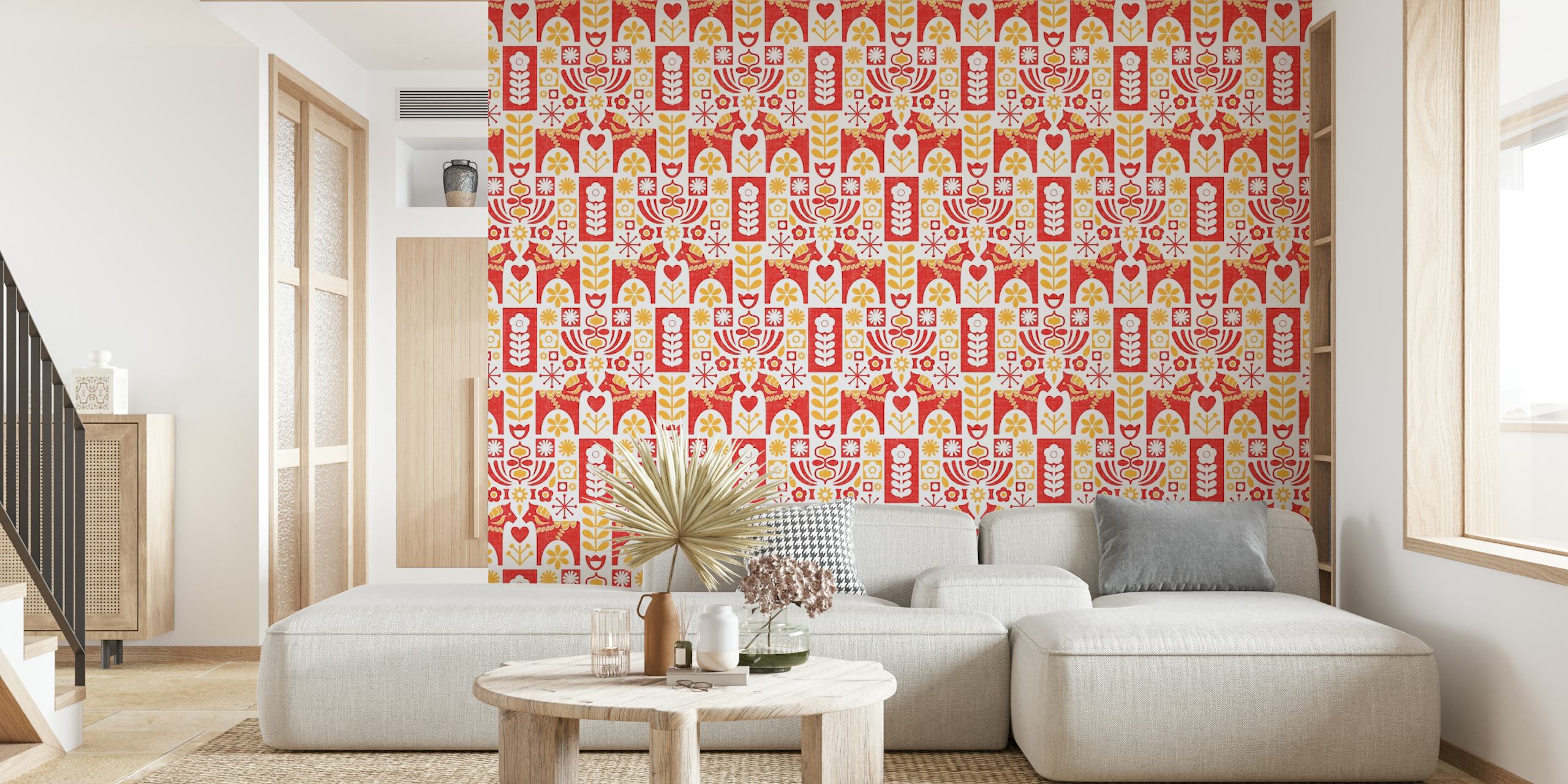 Decorazione murale con motivo di arte popolare svedese in stile moderno di metà secolo