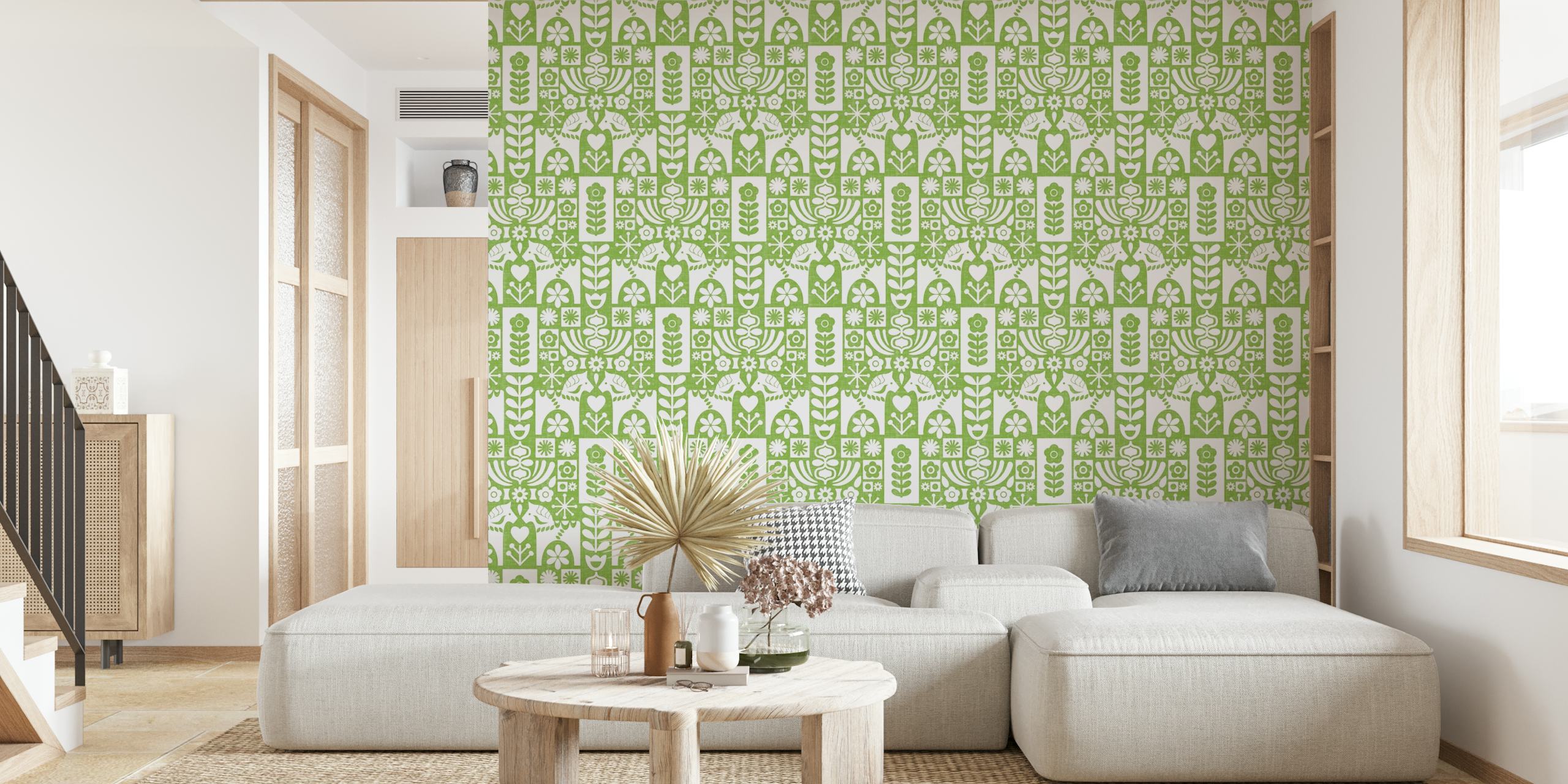 Green floral patterned wallpaper on a white background, mid-century modern style