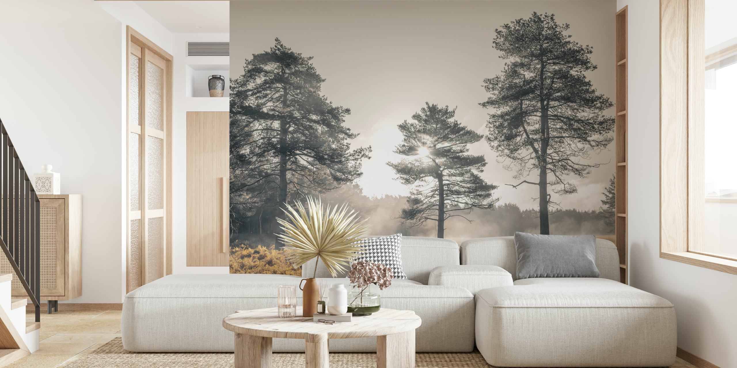 Black and white trees and mist in a forest wallpaper