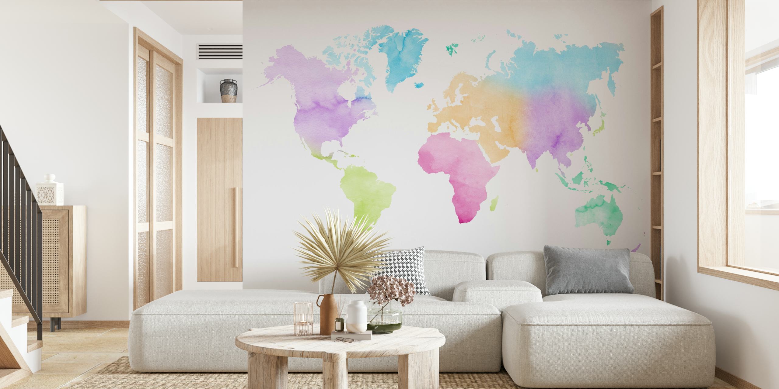 Representação colorida em aquarela de um mapa mundial para mural de parede
