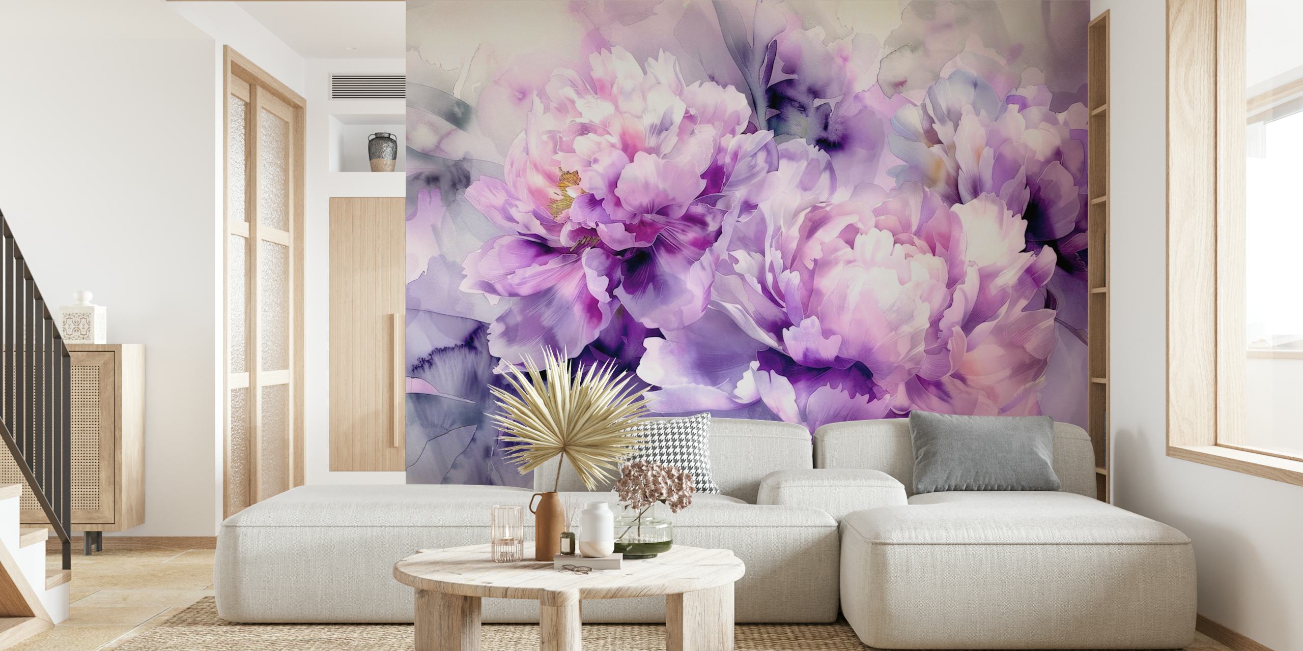 Purple peonies in soft pastels and watercolor style wallpaper
