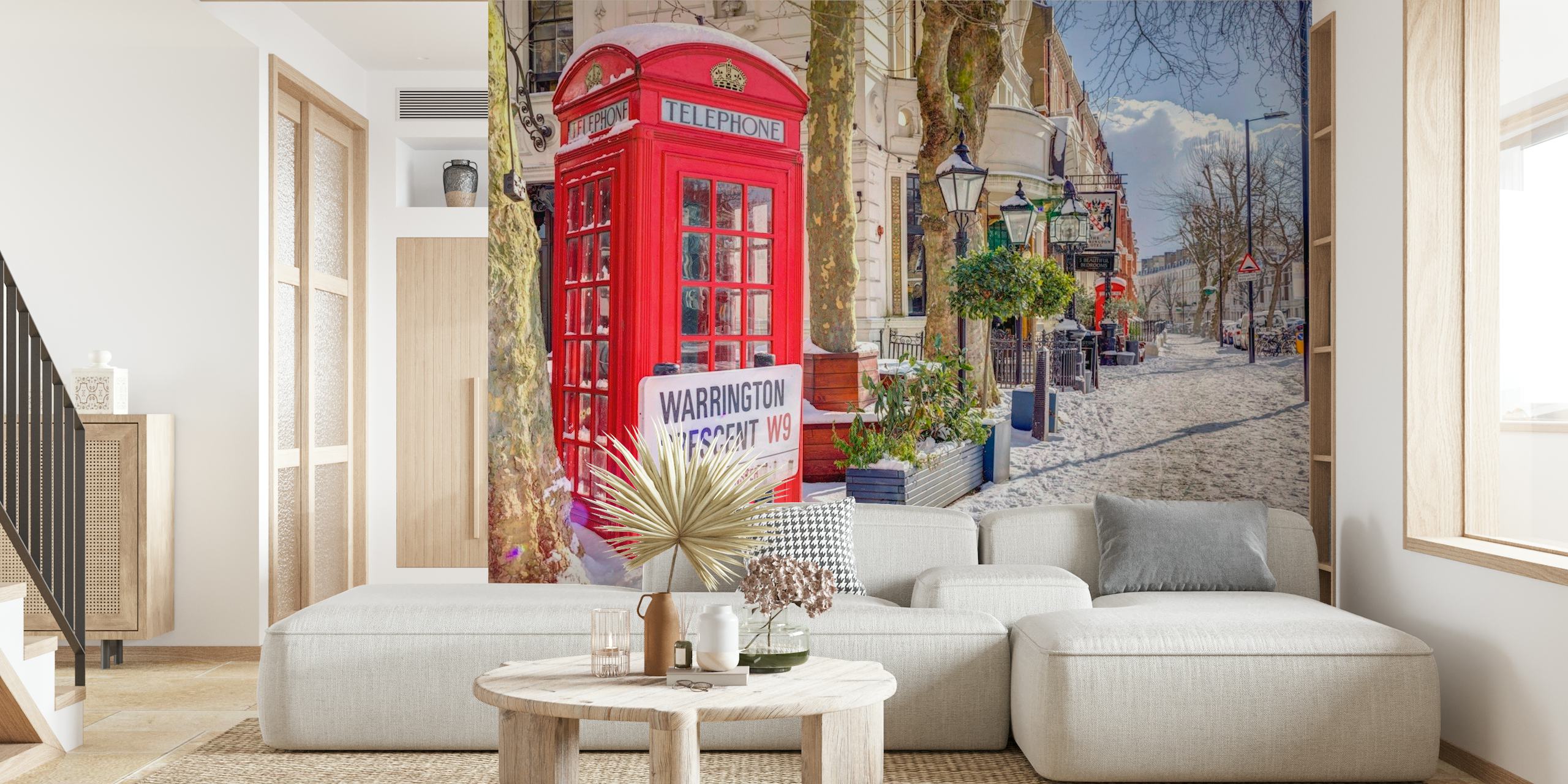 Scena uliczna Maida Vale w Londynie z czerwoną budką telefoniczną w śniegu