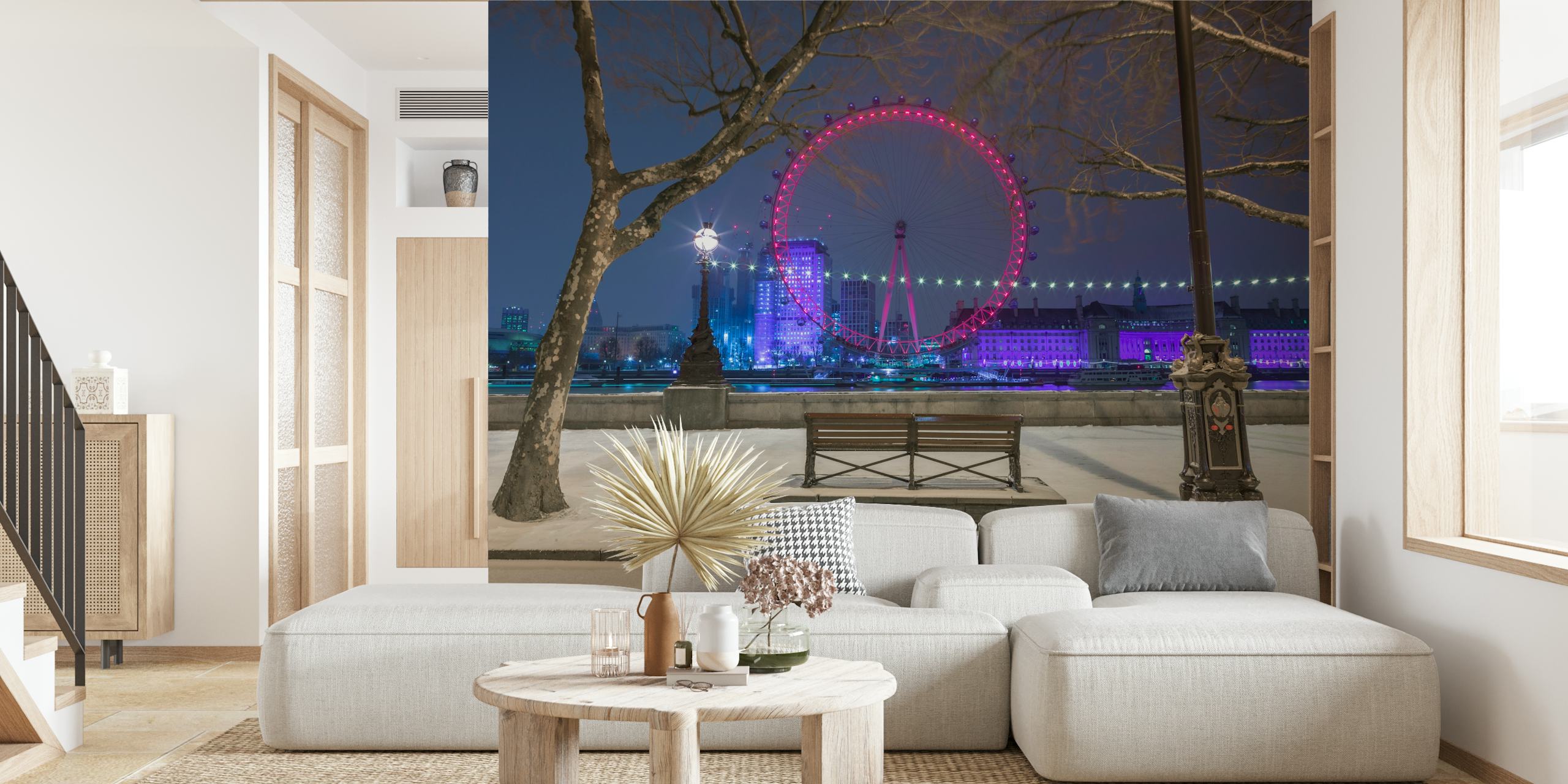 Purple city skyline at night with a Ferris wheel and snow wallpaper