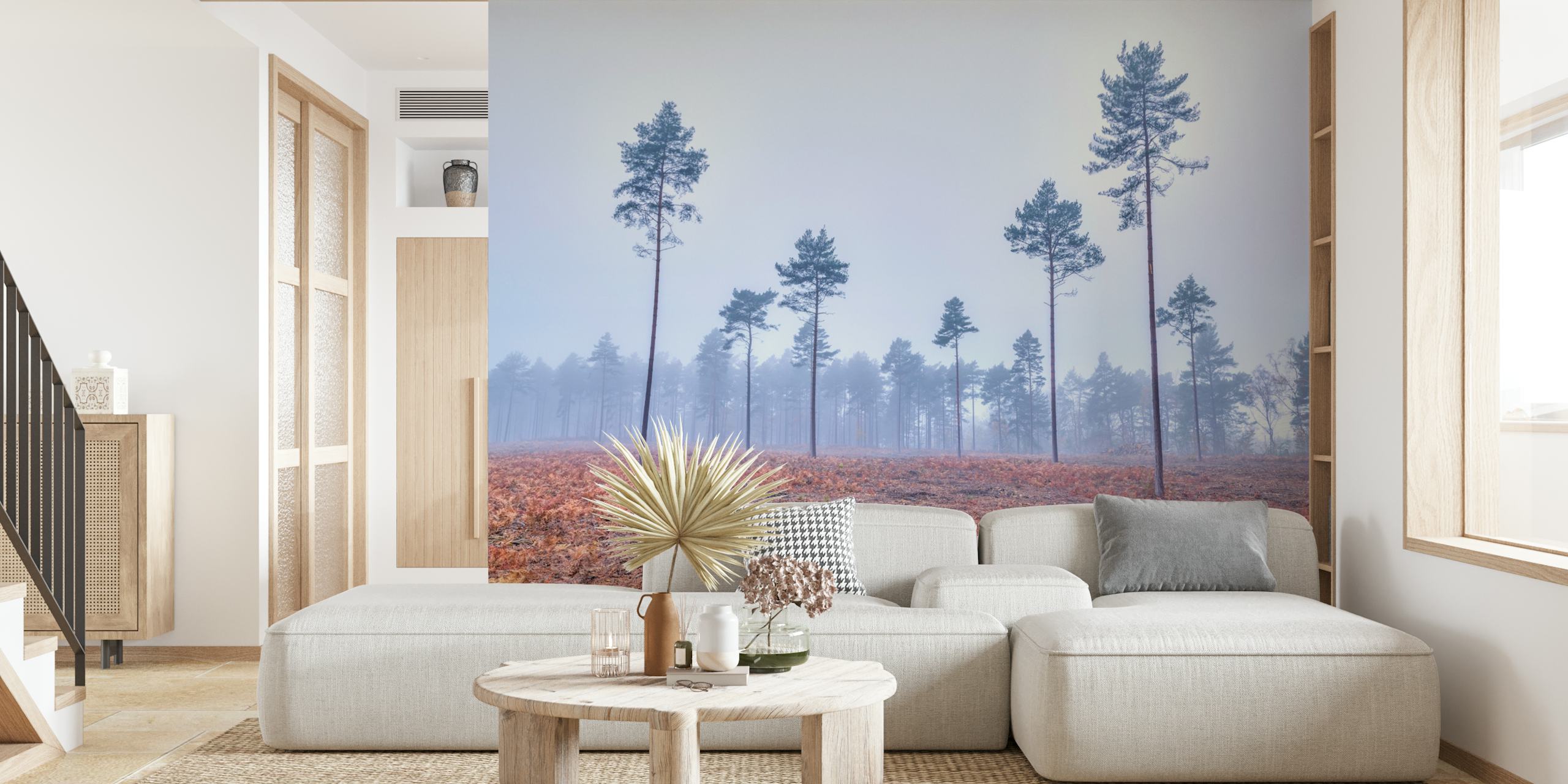 Papel tapiz de bosque brumoso en una habitación