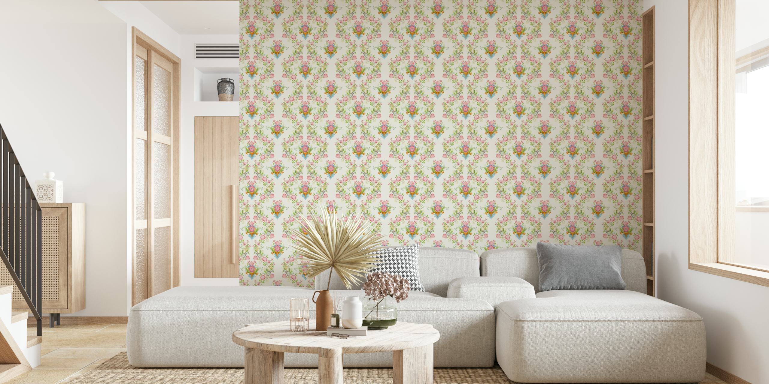 Chinoiserie garden wallpaper featuring pink peonies and doves on a soft white background