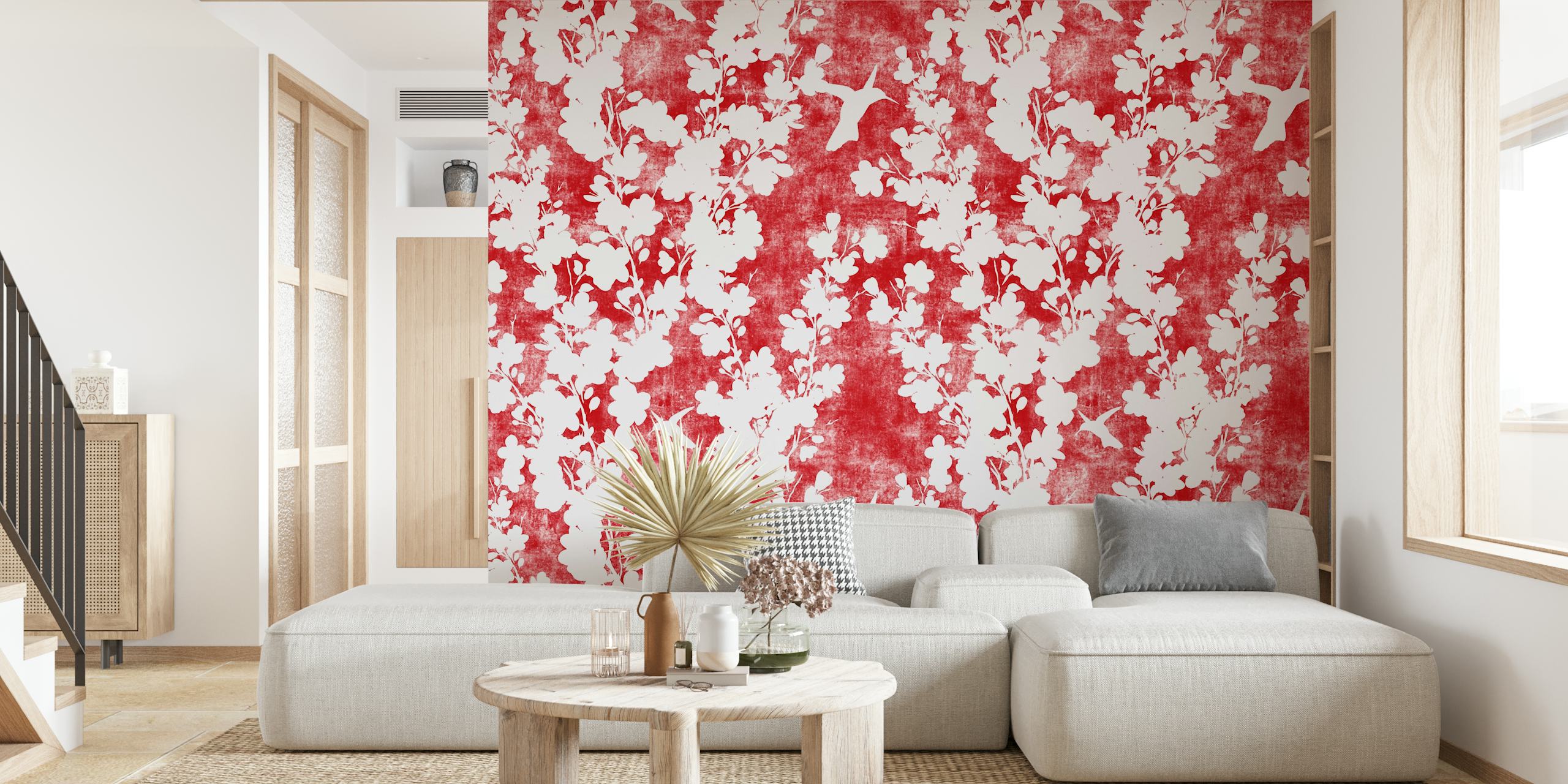 Scarlet red background with white cherry blossom silhouette pattern wall mural